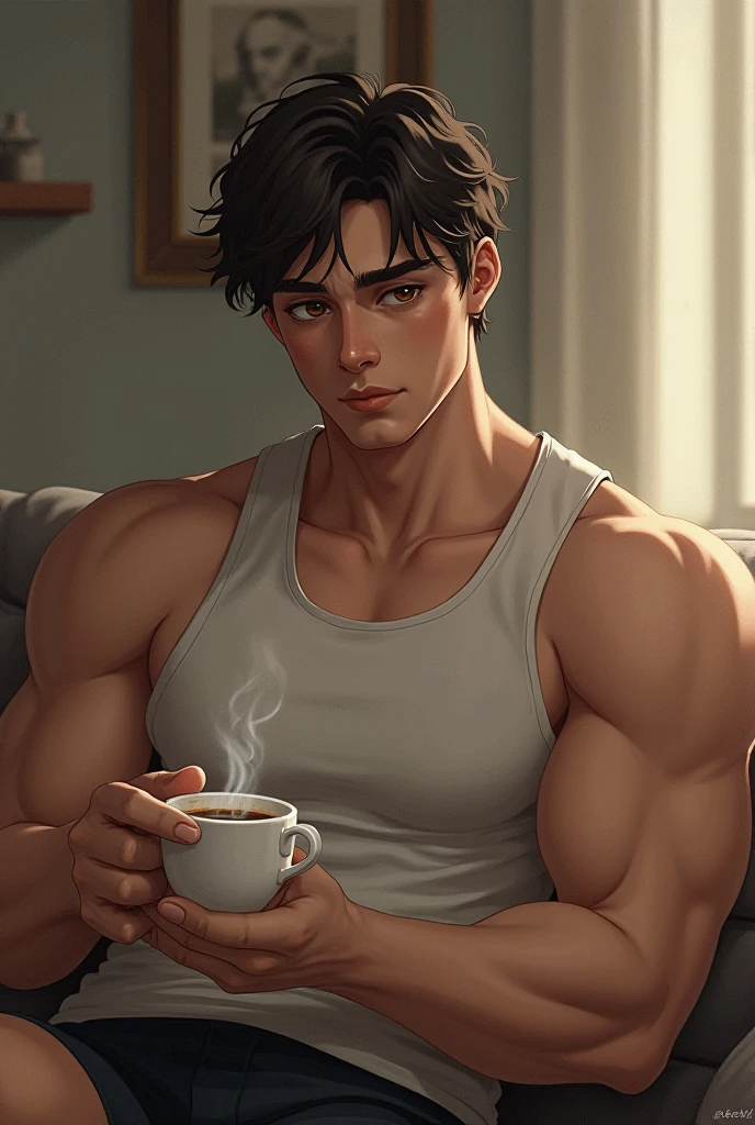 portrait of a handsome man, anime, soft, smooth, sharp jawline, sexy, (shirtless, muscles, muscular, abs, athletic, perfect body), manly, perfect, illustrated, painterly, necklace, drinking coffee, holding mug, morning, sunrise, inside, warm lighting, global illumination, detailed, masterpiece
