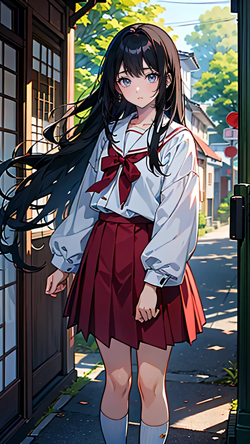 “A -yeld Jaese high school girl with a bright and kind expression, though with a hint of sadness in her eyes. She has long, straight black hair that falls over her shoulders, and she wears a typical Japanese high school uniform: a white blouse with a red ribbon and a dark skirt. Her stance is confident, yet there is an underlying vulnerability in her posture. She is standing on a quiet street in the town, with soft sunlight filtering through the trees, creating a warm and nostalgic atmosphere.”