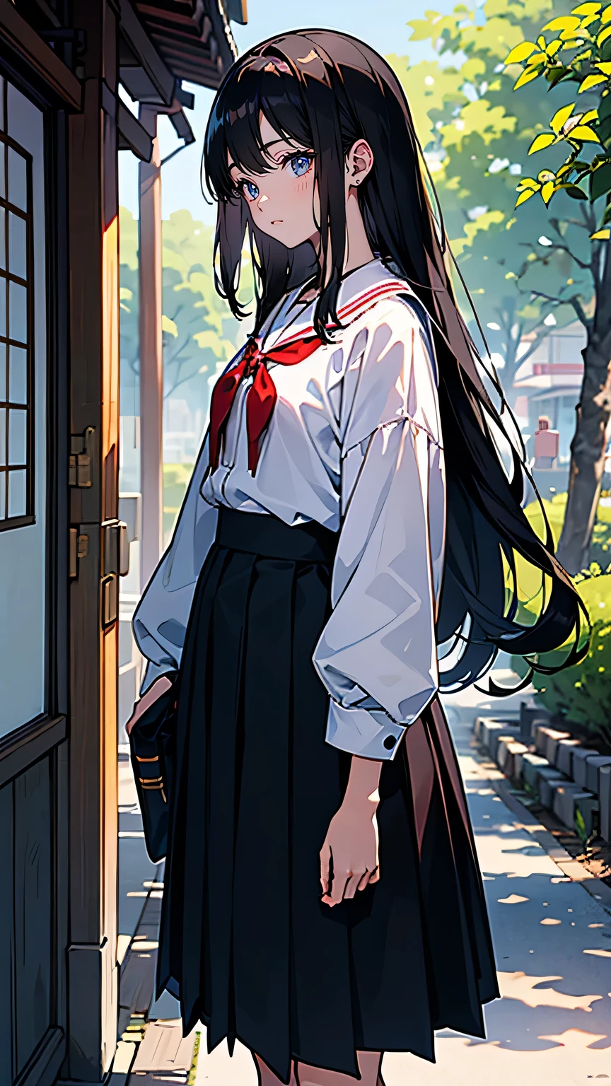 “A -yeld Jaese high school girl with a bright and kind expression, though with a hint of sadness in her eyes. She has long, straight black hair that falls over her shoulders, and she wears a typical Japanese high school uniform: a white blouse with a red ribbon and a dark skirt. Her stance is confident, yet there is an underlying vulnerability in her posture. She is standing on a quiet street in the town, with soft sunlight filtering through the trees, creating a warm and nostalgic atmosphere.”