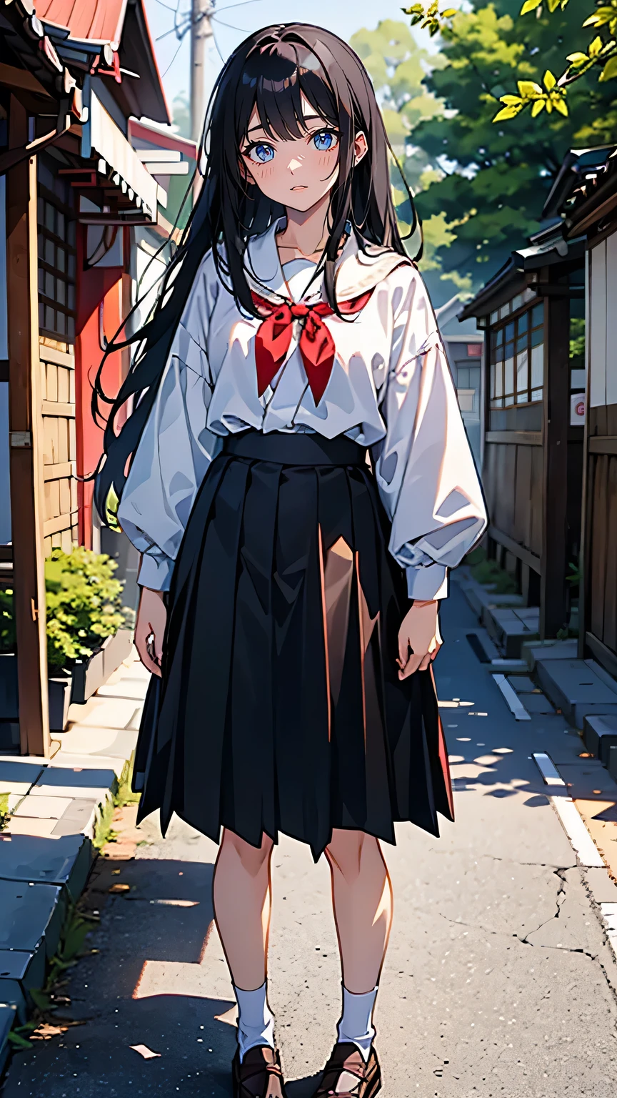 “A 17-year-old Japanese high school girl with a bright and kind expression, though with a hint of sadness in her eyes. She has long, straight black hair that falls over her shoulders, and she wears a typical Japanese high school uniform: a white blouse with a red ribbon and a dark skirt. Her stance is confident, yet there is an underlying vulnerability in her posture. She is standing on a quiet street in the town, with soft sunlight filtering through the trees, creating a warm and nostalgic atmosphere.”