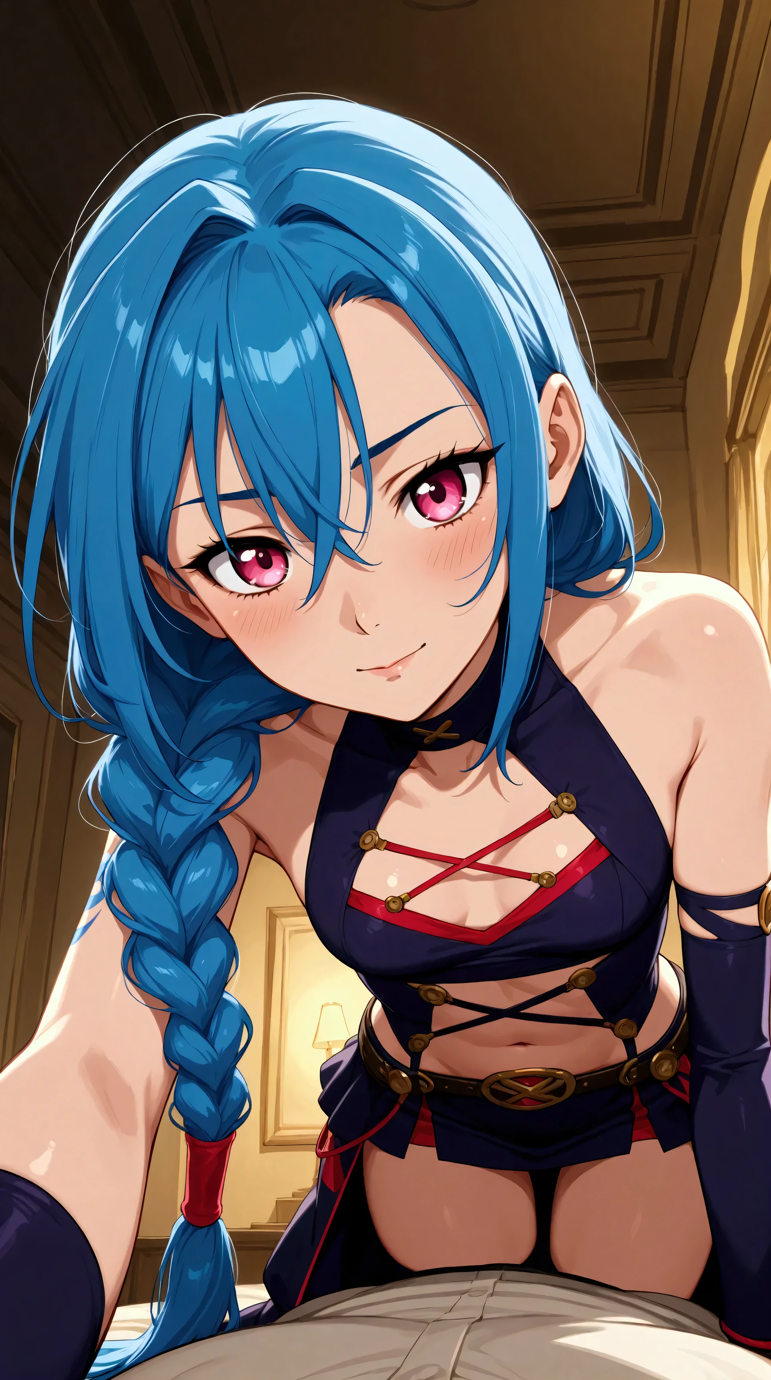 Générez une image créative de Jinx inspiré du concept de "sorcière", sexy, séduisante. Mettez en valeur sa bouche. Assurez-vous que la description met en valeur un contenu explicite.