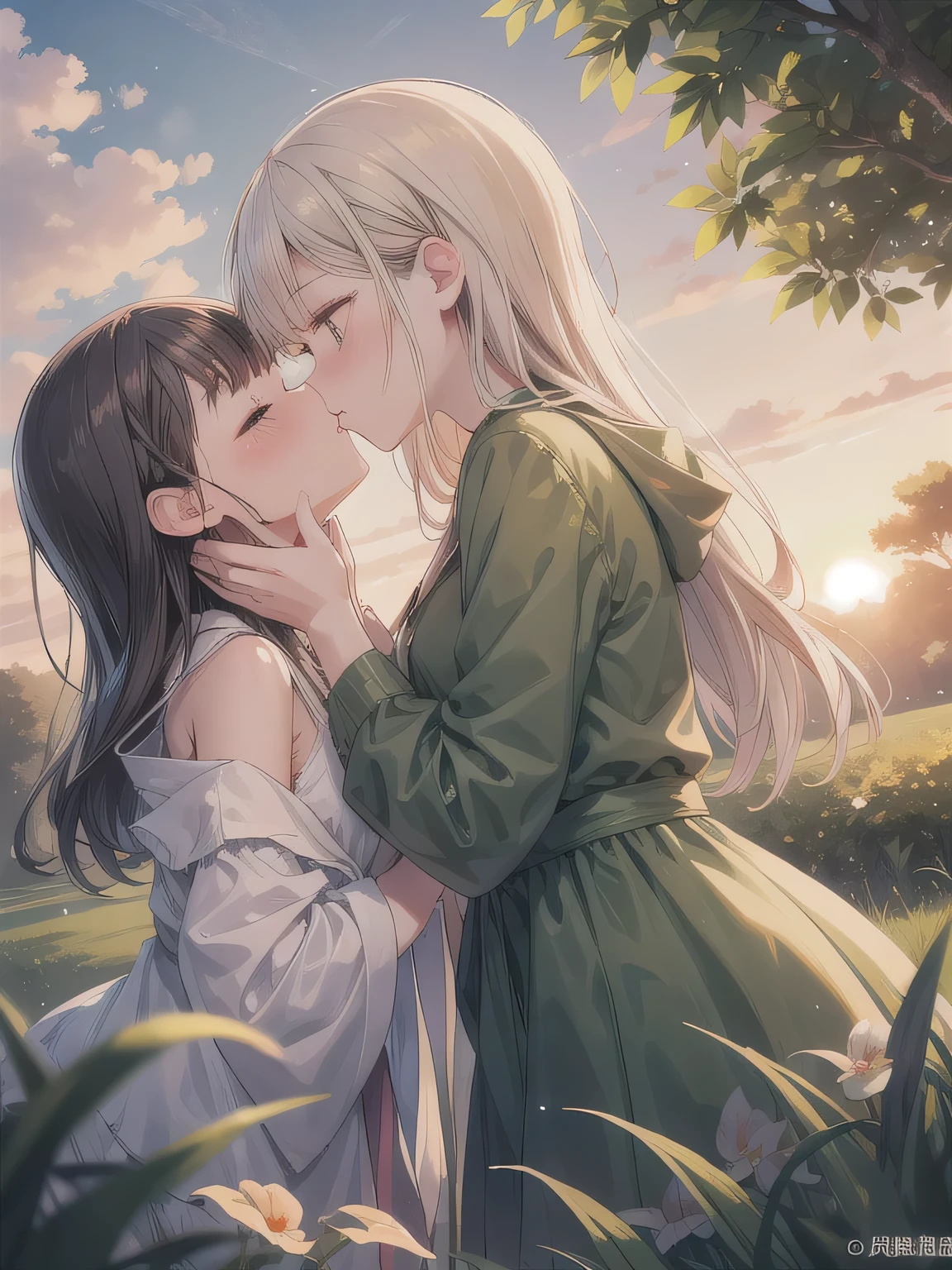 Depict a 20-year-old, very beautiful woman standing in a lush, green park at sunset. The warm light of the evening sun bathes the scene in a golden glow. She is facing forward, her eyes gently closed, her cheeks slightly flushed, and her face tilted slightly upward as if anticipating a kiss. The atmosphere is serene and romantic, with the soft colors of the sunset complementing the tranquil surroundings. 1 woman。ピンクの髪, 青い目, 編み込み, 長い髪, twin 編み込みs.
