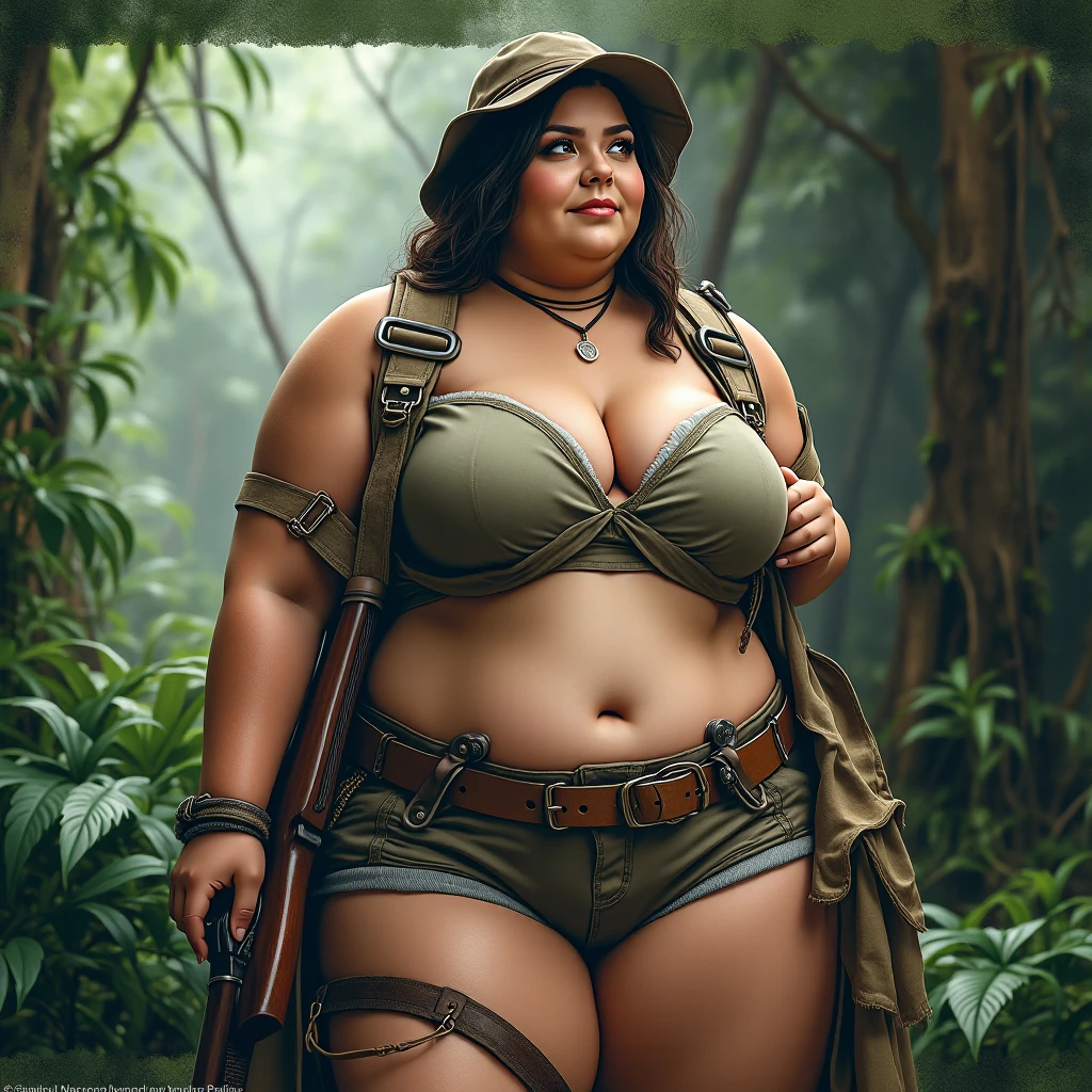 55 years old army woman, shorts, open jacket with crop top, attitude pose, voluptuous body, slim waist, large breasts, thick bust, thick thighs, full body, bob length hair, sweating, in jungle
