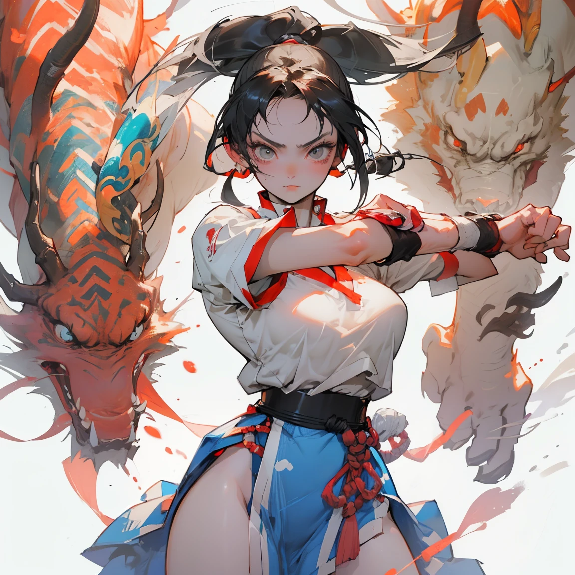 chun-li from street fighters series , white panty , fight in the streets , chinese dragon background , perfect eyes ,