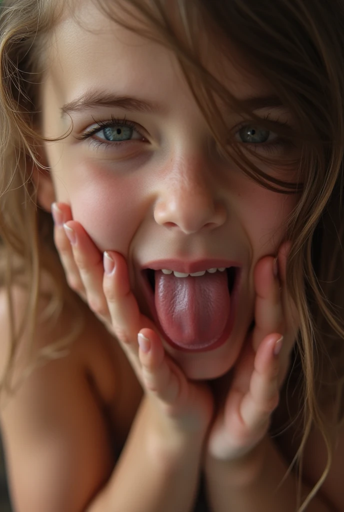 (cute 18yo Welsh girl's face and body by J. Scott Campbell and Chris Leib and Brad Kunkle:1.45), (brown_haired:1.15), (huge smile:1.05), v neck evening gown, (big bright eyes:1.05),top down POV on the sitting on the floor with her mouth open, naked, tounge Out
