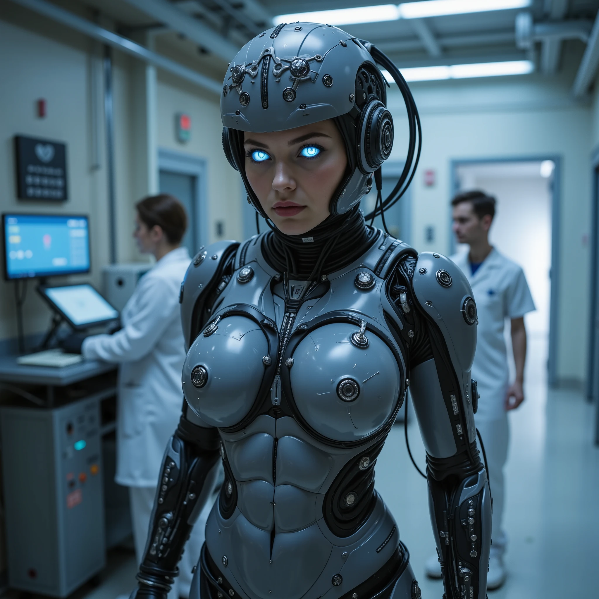 highquality cyberdrones photography, fullbody view of young sporty electroshocked ((((fullbreasted)))) european woman fully clothed, ((((((robotic blue glowing eyes reflecting data like displays, looking dominant into camera)))))), ((((big electrostimulation devices with controlpanels between legs)))), (((((EEG-helmet with big electrodes and large electric leads))))), ((completely enclosed by experimental closed grey electrostimulation latexsuit covered with many big electrodes, electric cables and hoses)), (((big electrodes on breasts))), tight waist, (connected with thick electric cables to a big electrostimulation transformator electroconsole), ((nurse adjusting big regulator at electroconsole in background)), ((standing in a futuristic concrete laboratory)), ((((hyper detailed)))), ultra sharp focus, 8k, uhd, realistic, low saturation, low contrast, ultra realistic natural colours, realistic natural skincolour, only uncoloured light