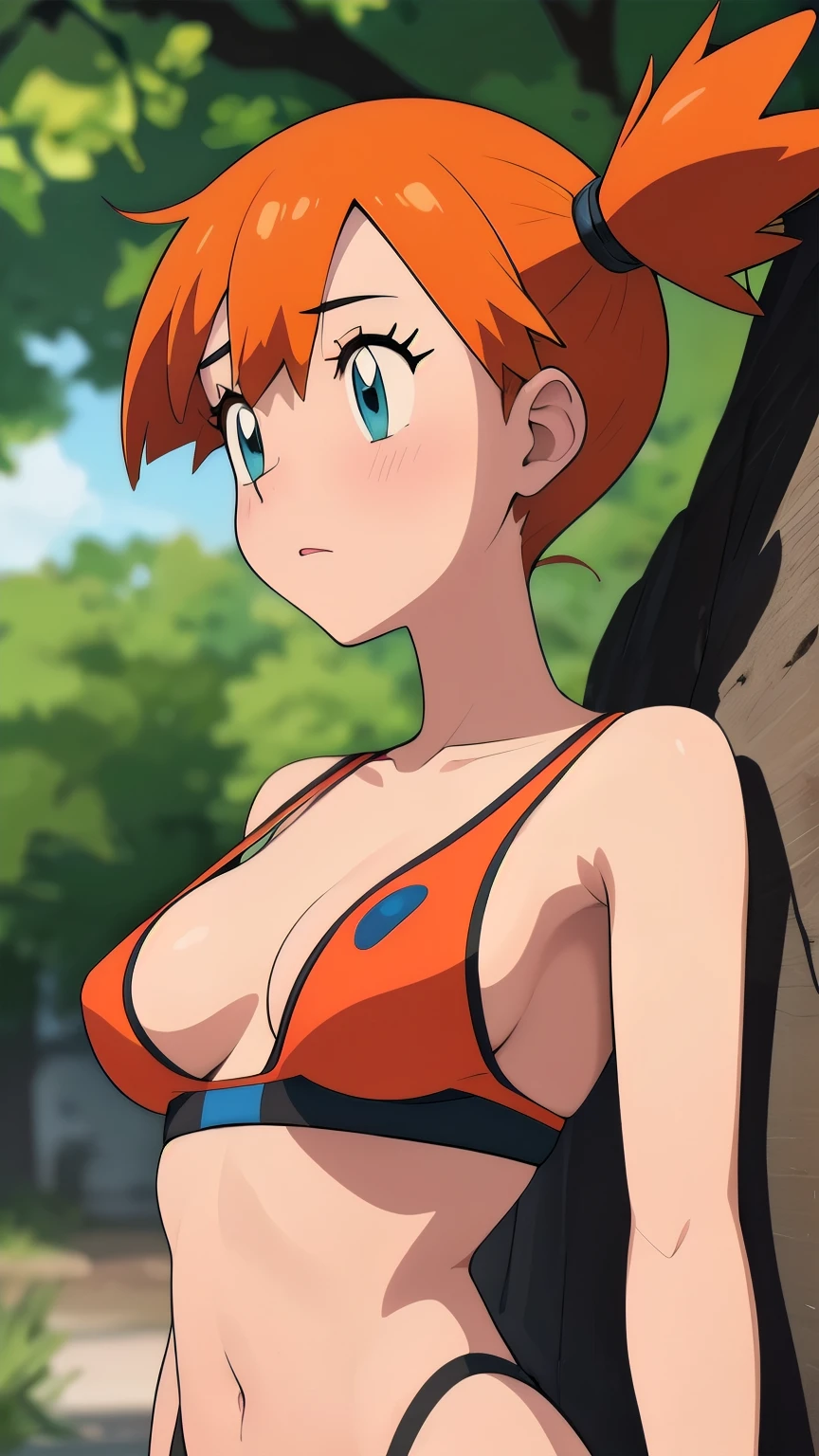 (masterpiece, best quality), 1girl, pkmnmisty, 1girl, young, solo, blue eyes, orange hair, short hair, side ponytail, bangs, hair tie,, lewd swimsuit, multiple bug_type pokemon are crawling on her body, male_pokemon, multiple bug_pokemon, high quality, masterpiece, nsfw