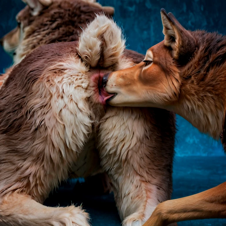 NSFW (nude) (Anna ((human)) medium breasts, strip of pubic hair) side to rear view, doggy style vaginal penetration fucking (((nude male furry grey wolf with knotted penis))), full body, in a deserted snowy landscape