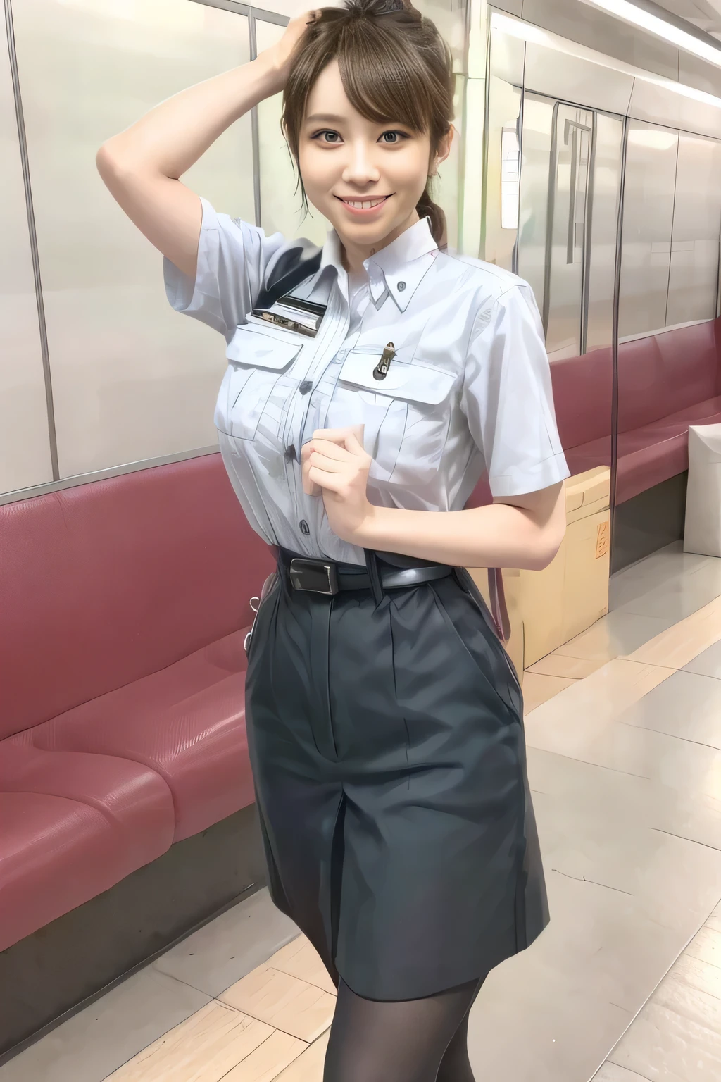 (Masterpiece:1.2, best quality :1.2), 32kHDR, high resolution, (Alone、 1 girl)、(Rooftop of a building during the day、 professional lighting )、Building rooftop background、( Tokyo Subway Woman Crew Uniform Real Style Woman 6)、(TOKYO SUBWAY WOMAN CREW UNIFORM BLOUSE SHORT SLEEVE 、 above knee culotte skirt、Waist belt)、 black pantyhose holding a puppy、 dark brown hair 、( hair gathered、 hair bang)、 dark brown hair 、Long Hit、 big breasted 、Thin legs、(( amazing hands:2.0)),((harmonious body proportions:1.5)),((Normal limbs:2.0)),((Usually refers to:2.0)),(( Delicate Eyes:2.0)),((Normal eyes:2.0)))、(Beautiful standing figure showing the Tokyo Subway Woman Crew Uniform) 、Hands crossed underneath 、Shy smile