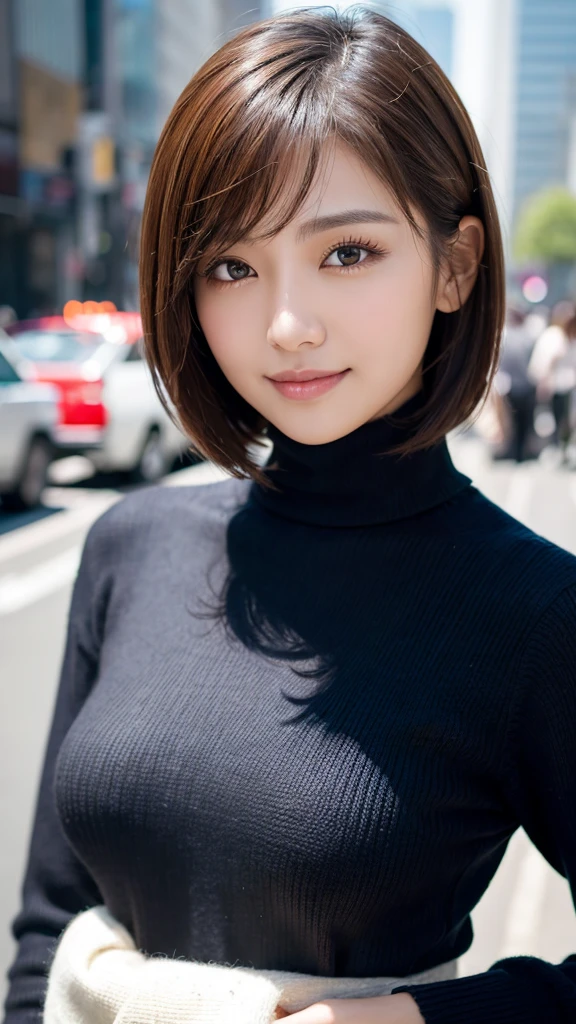 (logo, masterpiece, 8K, Tabletop, RAW Photos, wonderful, 最high quality, Photorealistic and very detailed CG synthesis 8K wallpaper, high quality, Very detailed, Narrative poem, Particle Effects, Dynamic Effects, Depth of the Boundary, Cinematic Light, Lens flare, Ray Tracing), short hair beautiful woman, (Grin), Skin with attention to detail, Very fine, Fine skin, Beautiful Face, Realistic eyes, Beautiful and exquisite, Realistic Skin, Beautiful Skin, surreal, Smiling Eyes, Hair and light eyes, Vibrant, Colorful lights and bokeh. The lighting casts a warm glow on her face and hair... Creates a dreamy and magical atmosphere, Big Breasts, Brown Hair, short hair, plump lower lip, Pink blush on cheeks , Pink Lips, Brown tight no-shoulder knit sweater