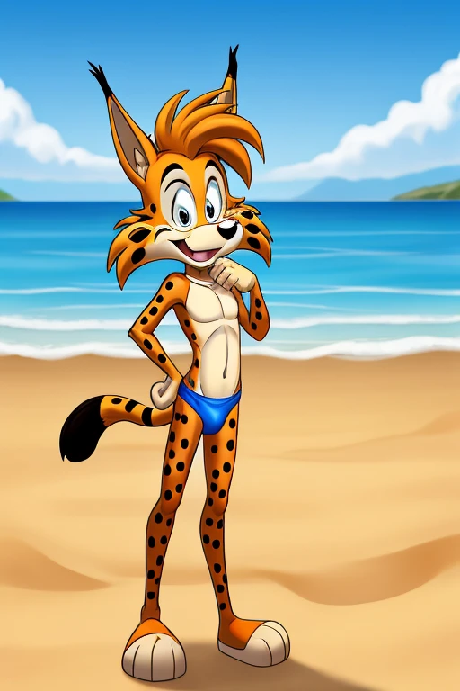A young tiger, 18 years old, shirtless, blue shorts, holding a surfboard. on the beach