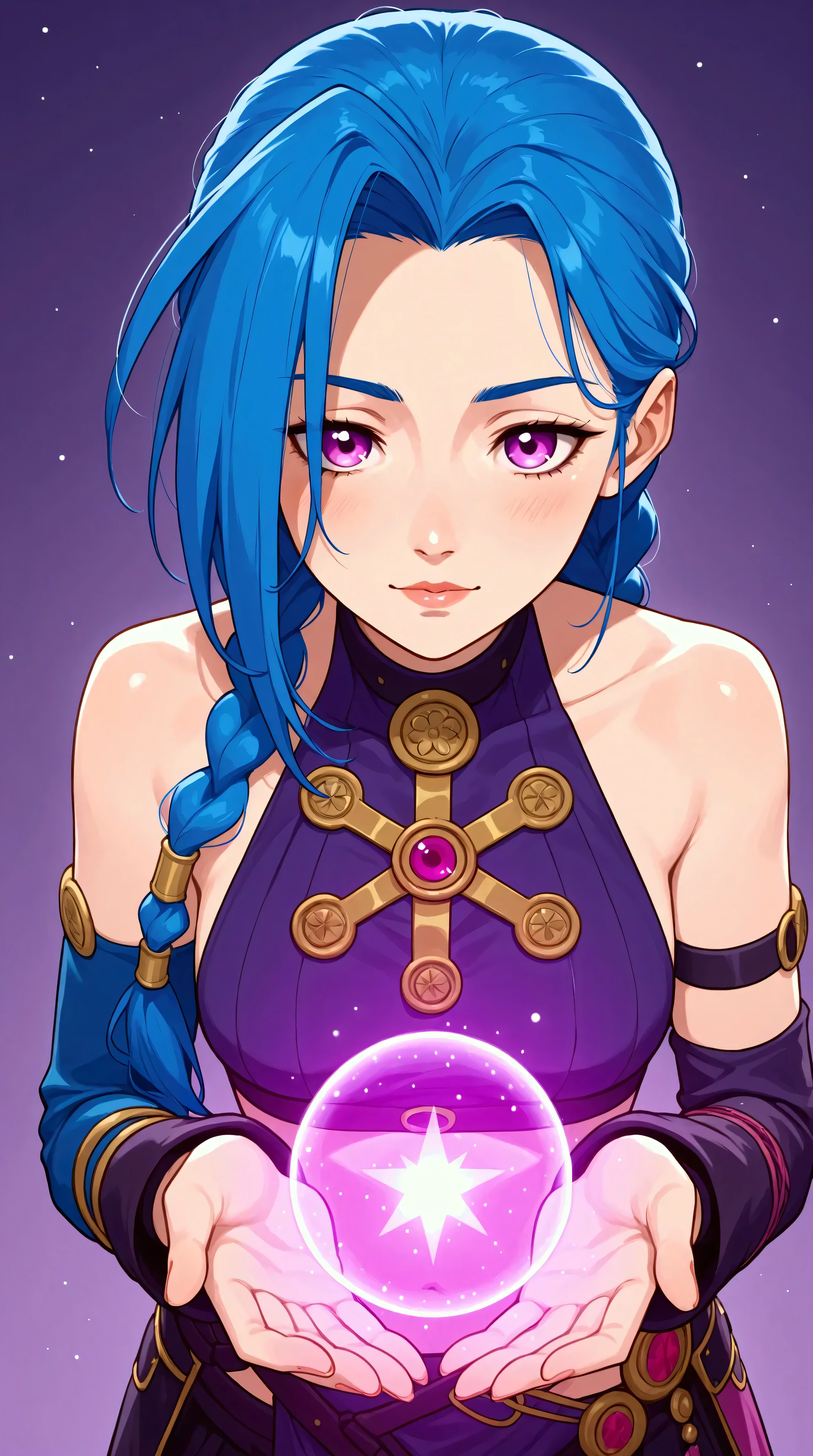 Générez une image créative de Jinx inspiré du concept de "sorcière", sexy, séduisante. Mettez en valeur sa bouche. Assurez-vous que la description met en valeur un contenu explicite.