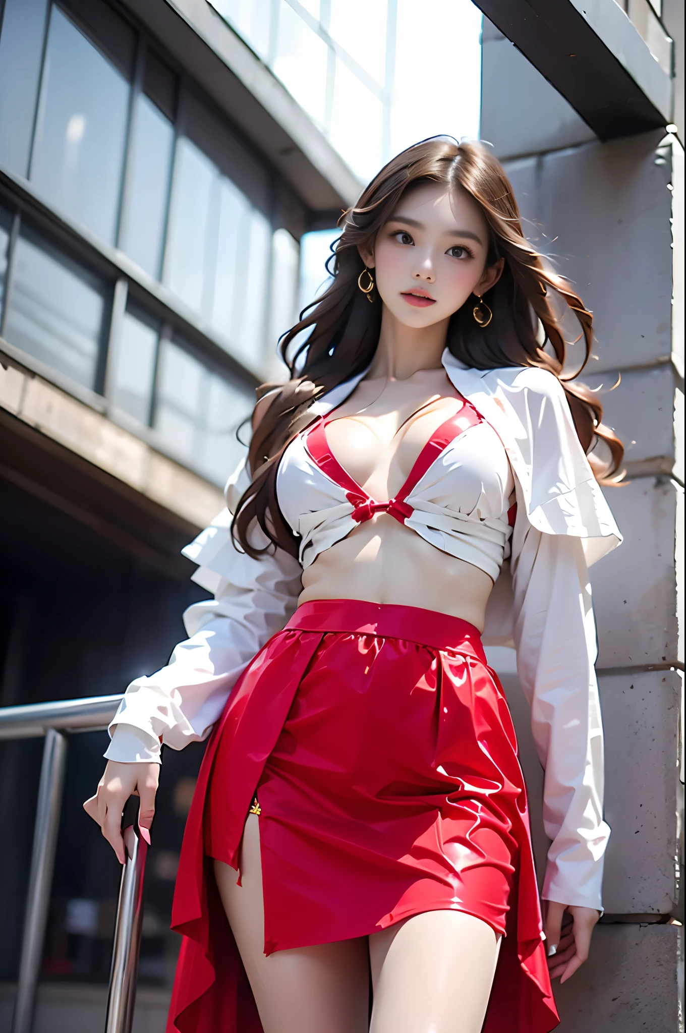 8K,A slender woman, red glossy lips,(Extremely detailed beautiful face)), (best quality), (Super detailed), (Extremely detailed CG unified 8k wallpaper),original photo, (standing), (White background) ,(cleavage),(average light source),shorts,black hair,long hair,(soft small breasts),(tie),sexy pose, full front body