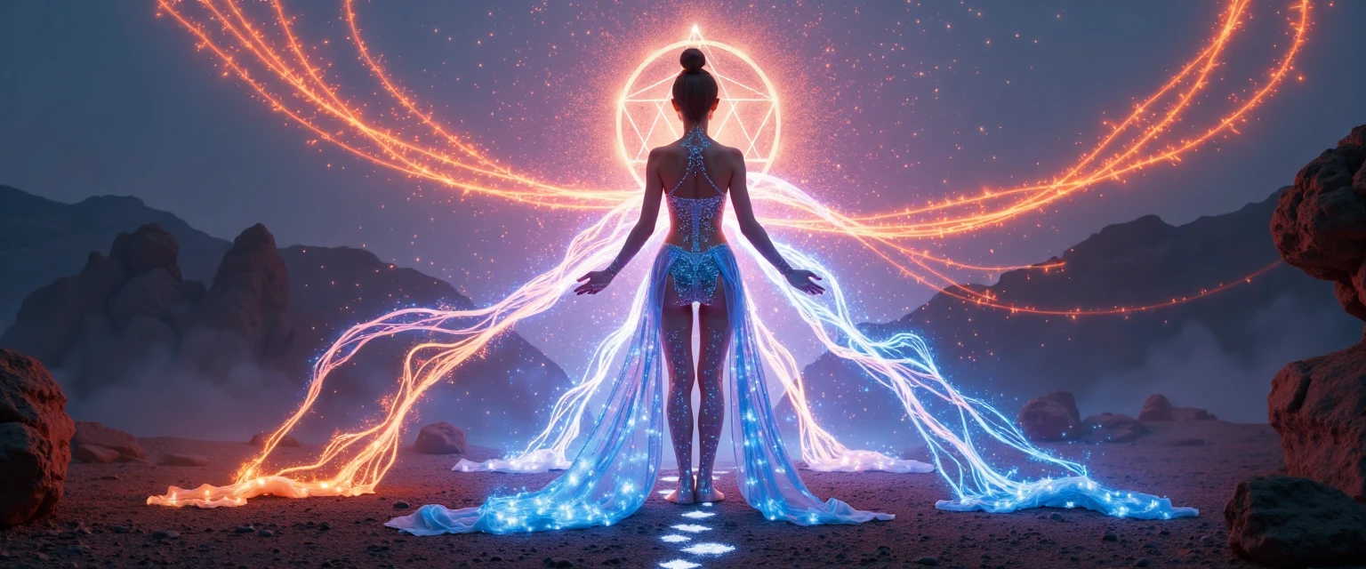 (masterpiece, best quality), 8K,(((Very detailed))), Race:1.8,Super intricate Race pattern,colorful Race pattern,Stained glass background transparent body, Mandala,Light Up,cold, 1 female,Open back,(curls,Blonde),