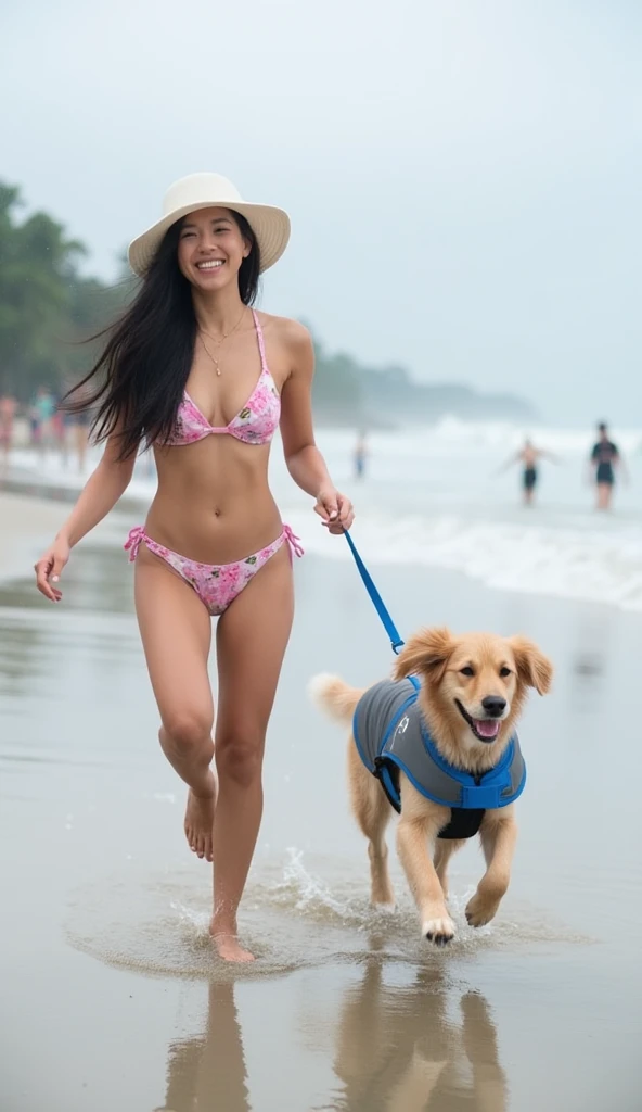A lovely mature Mexican lady in lingerie and a baseball hat walking along the beach in Acapulco with a chihuahua realistic photograph times editorial photo