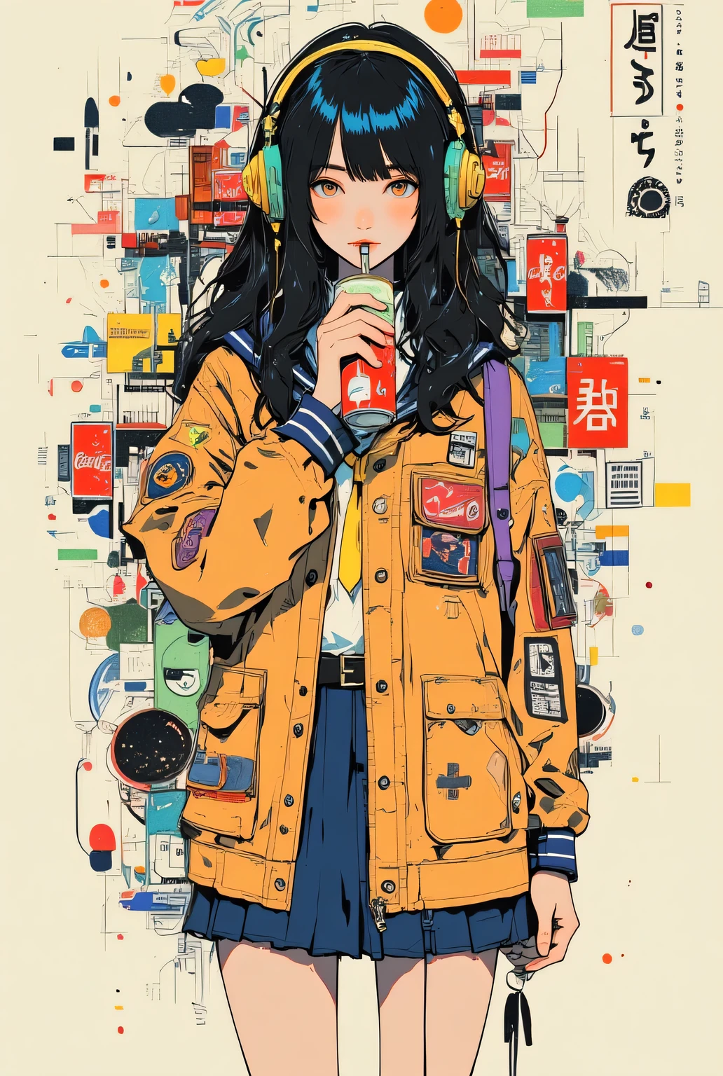 alone, front view:1.6, She Drinks Cans of Coca-Cola :1.331, Can't Help Laughing , is ridiculous , white, navy blue, red, yellow, orange, zhu, purple, green, green, Beautiful Japanese Woman , tea hair, wave hair included:1.21, long bangs, Woman Wearing Big Headphones , typography, Surreal collage, a contemporary artistic collage, collage artwork, New Album Jacket , Great Job !! , digital collage, ( collage), collage art, contemporary collage, mixed media collage, Surreal, are high resolution , Surreal style, convertible, Called the Inner World of the Autism Spectrum , see here , all audio equipment collage, Precision instrument collage , Japanese high school uniform , high school sailor suit, short skirt ,