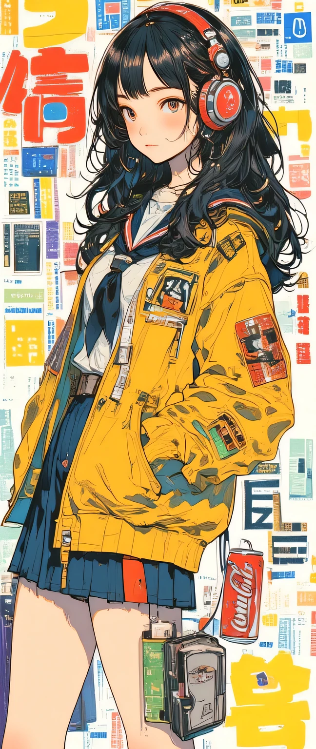 alone,  front view:1.6,  She Drinks Cans of Coca-Cola :1.331, Can't Help Laughing ,  is ridiculous , white,  navy blue, red, yellow,  orange, zhu,  purple, green, green,  Beautiful Japanese Woman ,  tea hair,  wave hair included:1.21, long bangs,  Woman Wearing Big Headphones , typography,  Surreal  collage, a contemporary artistic  collage,  collage artwork,  New Album Jacket ,  Great Job   !! , digital  collage, ( collage),  collage art, contemporary  collage, mixed media  collage,  Surreal,  are high resolution ,  Surreal style,  convertible,  Called the Inner World of the Autism Spectrum ,  see here ,  all audio equipment collage, Precision instrument collage ,  Japanese high school uniform ,  high school sailor suit,  short skirt , A lively background full of text, 