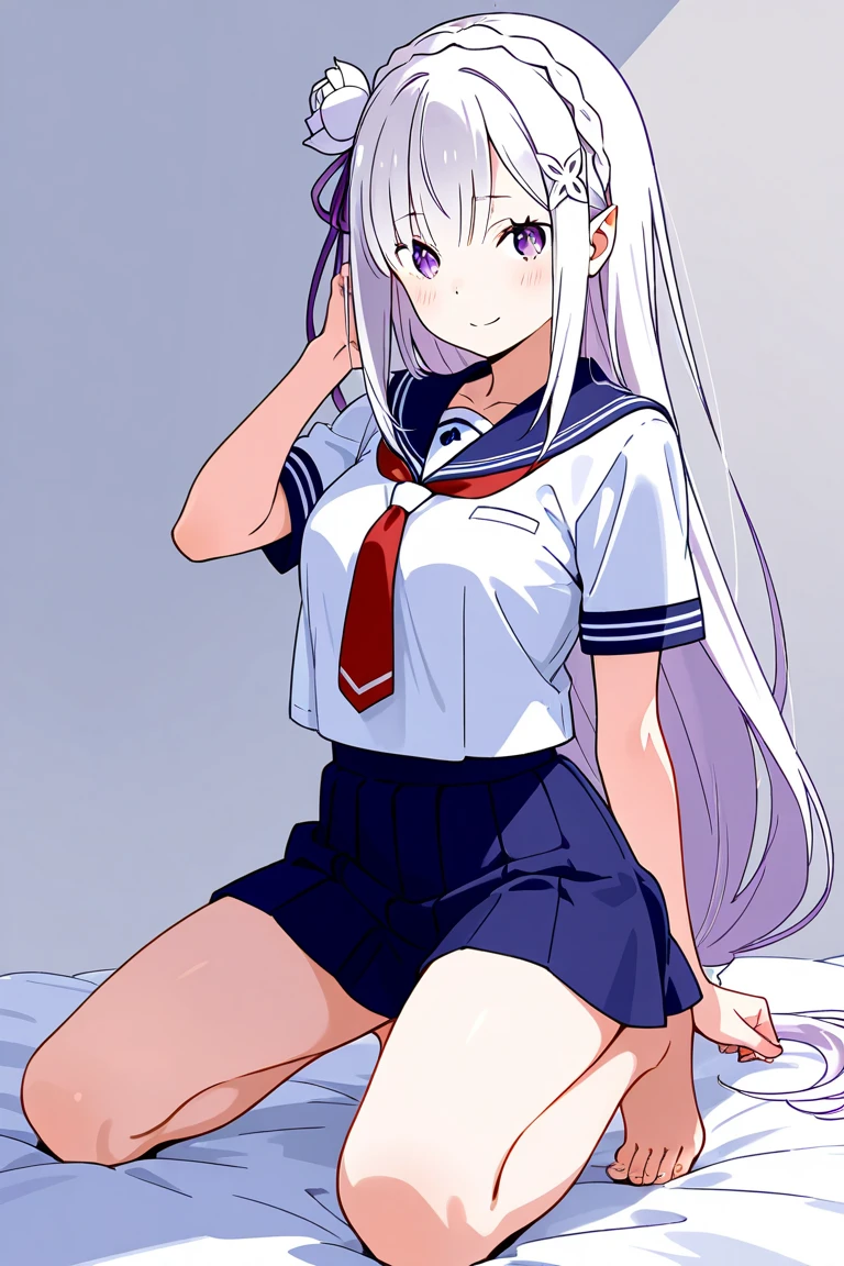 masterpiece, sharp focus, delicate and beautiful hair and eyes and face, realistic, super detailed, kogal, slender, ((laughing with eyes, open both eyes),, long straight hair, long legs, emphasizing underfoot, sexy look, indoors, dynamic hair, long straight hair, detailed silver hair, pink eyes, (sailor suit, red micro mini skirt), ( White and long flabby wrinkled socks))), white skin, ((gal, thick makeup, erotic, sexually bitten lips, long tongue, fancy piercing)), crouching