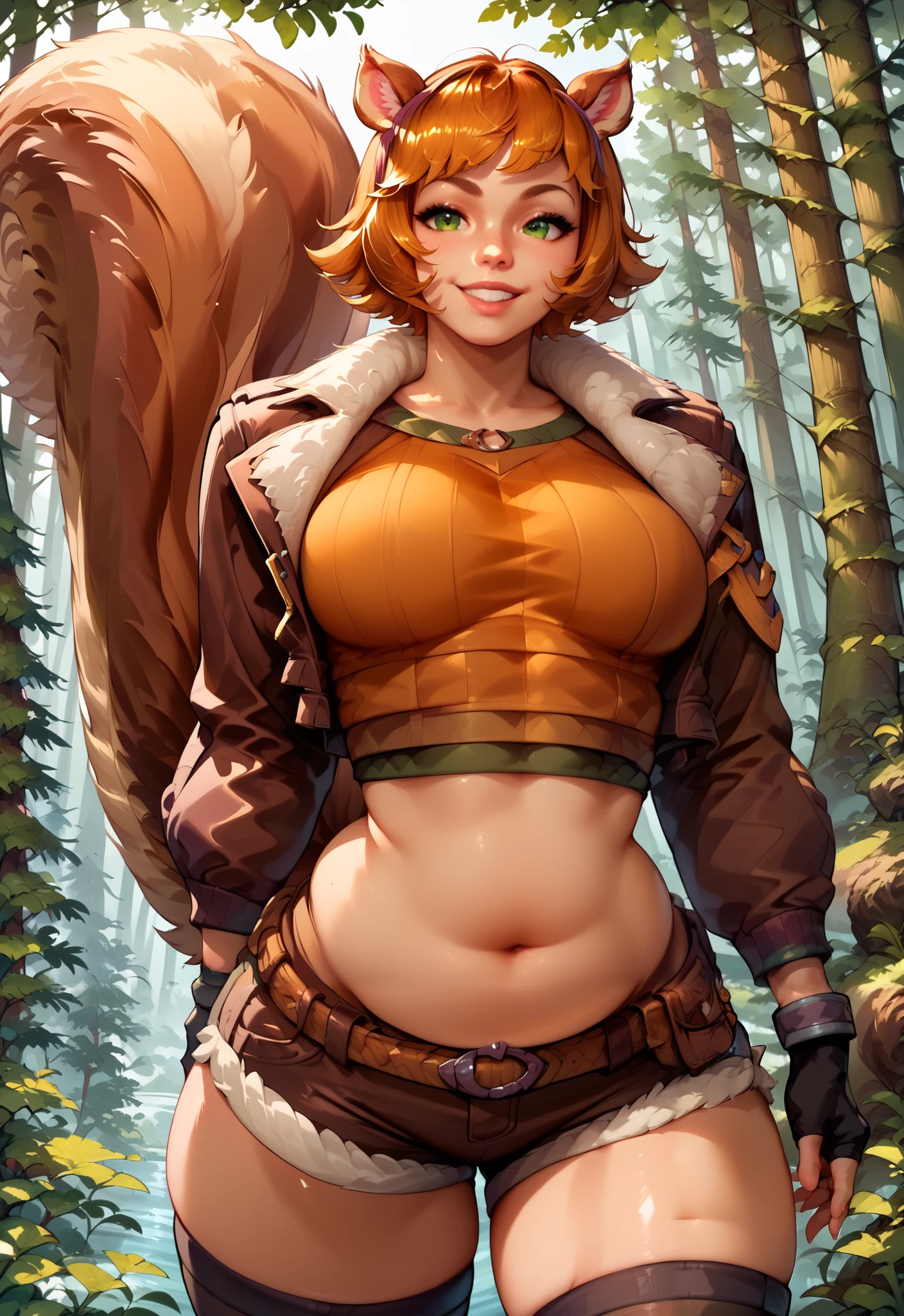 safe_pos, score_9, score_8_up, score_7_up, score_6_up, 1girl, perfect face, detailed face, plump, solo, cowboy shot, white background, crop top, open jacket, fingerless gloves, shorts, belt, thighhighs, short hair, sexy grin, perfect eyes, detailed eyes, squirrel girl, big thighs, big breasts, chubby belly, squirrel ears, smiling, standing, tail, squirrel tail, green eyes, belly showing, portrait, uper body portrait, partially covered in shadow, big ass, thick thighs,
suggestive pose, dynamic pose, sheer, forest, forest background,