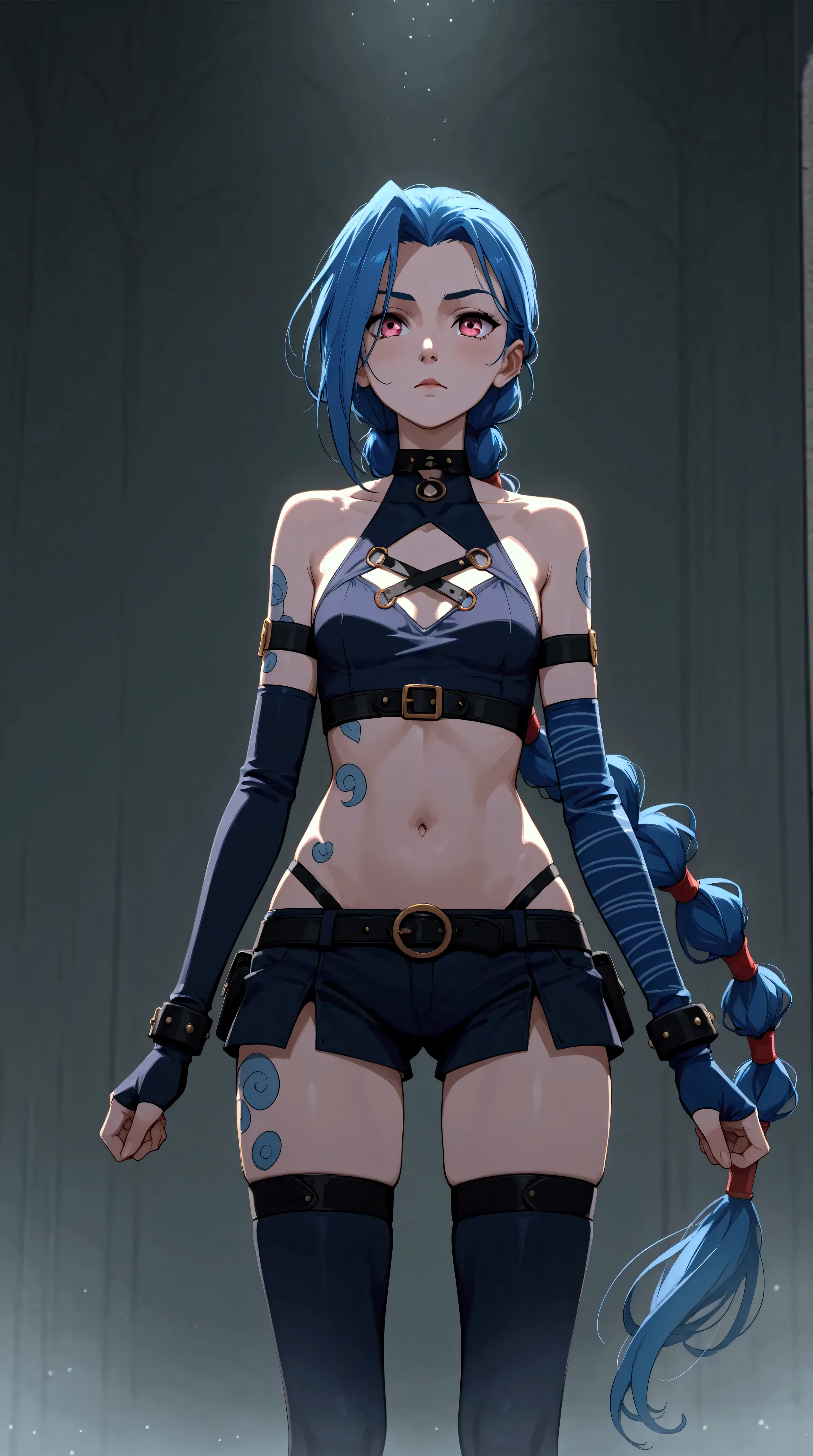 Générez une image créative de Jinx inspiré du concept de "sorcière", sexy, séduisante. Mettez en valeur sa bouche. Assurez-vous que la description met en valeur un contenu explicite.