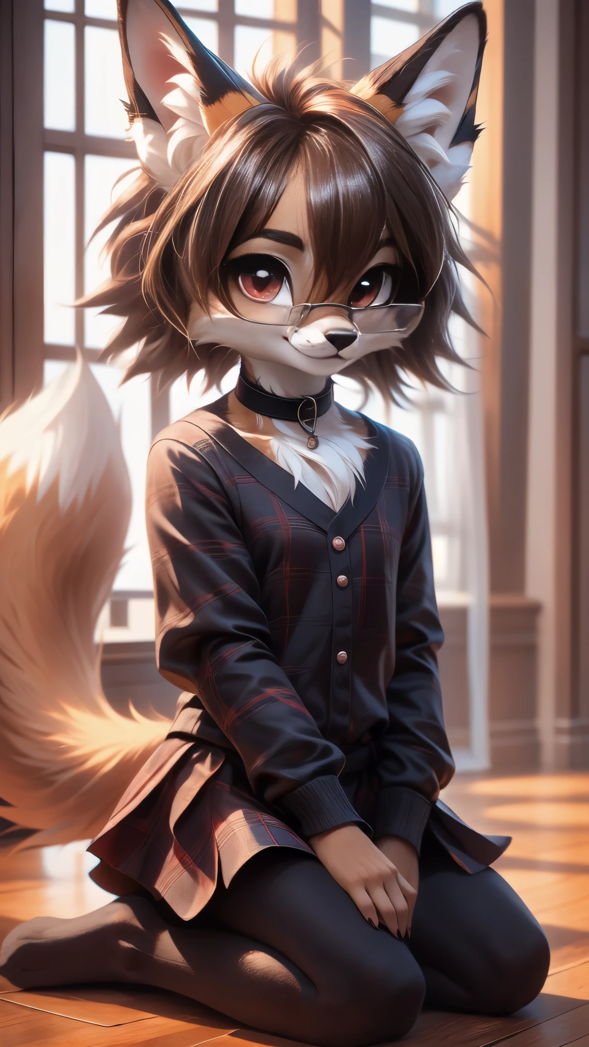 solo,1girl, fur realistic, ultra realistic, fox furry small loli, with short dark red hair, beautiful red eyes, cute freckles, wearing square glasses, very fluffy bushy tail, smug grin, small ears , very young body, flat chest, innocent ,very Young slim, skinny body, feminine girl, thin, choker, shy girl, shy smile, kneeling on the floor,hand on her head head as she is thinking hard, thinking hard, glasses, tail, small, young, big eyes, wearing a modest goth dress with long sleeves and plaid skirt and black long socks, choker, butterfly pose