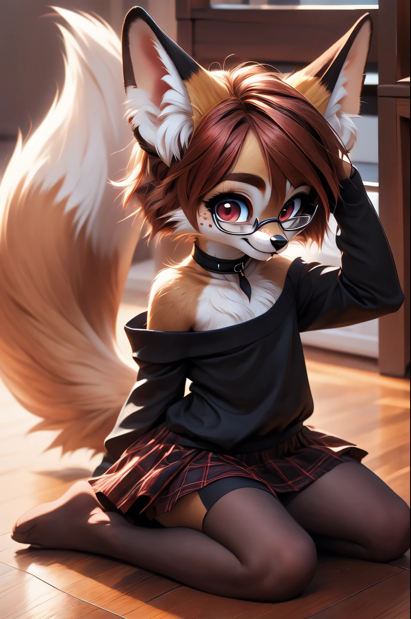 solo,1girl, fur realistic, ultra realistic, fox furry small loli, with short dark red hair, beautiful red eyes, cute freckles, wearing square glasses, very fluffy bushy tail, smug grin, small ears , very young body, flat chest, innocent ,very Young slim, skinny body, feminine girl, thin, choker, shy girl, shy smile, kneeling on the floor,hand on her head head as she is thinking hard, thinking hard, glasses, tail, small, young, big eyes, wearing a modest goth dress with long sleeves and plaid skirt and black long socks, choker, butterfly pose