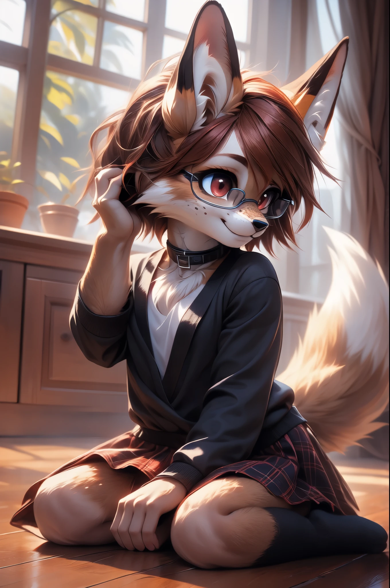 solo,1girl, fur realistic, ultra realistic, fox furry small loli, with short dark red hair, beautiful red eyes, cute freckles, wearing square glasses, very fluffy bushy tail, smug grin, small ears , very young body, flat chest, innocent ,very Young slim, skinny body, feminine girl, thin, choker, shy girl, shy smile, kneeling on the floor,hand on her head head as she is thinking hard, thinking hard, glasses, tail, small, young, big eyes, wearing a modest goth dress with long sleeves and plaid skirt and black long socks, choker, butterfly pose, hearty eyes