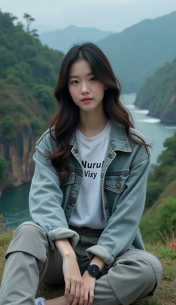 A beautiful woman. Twenty years old. Dark brown hair. She is wearing a T-shirt and blue jeans. She is sitting on the breakwater in the twilight. The summer setting sun illuminates her face. A masterpiece.