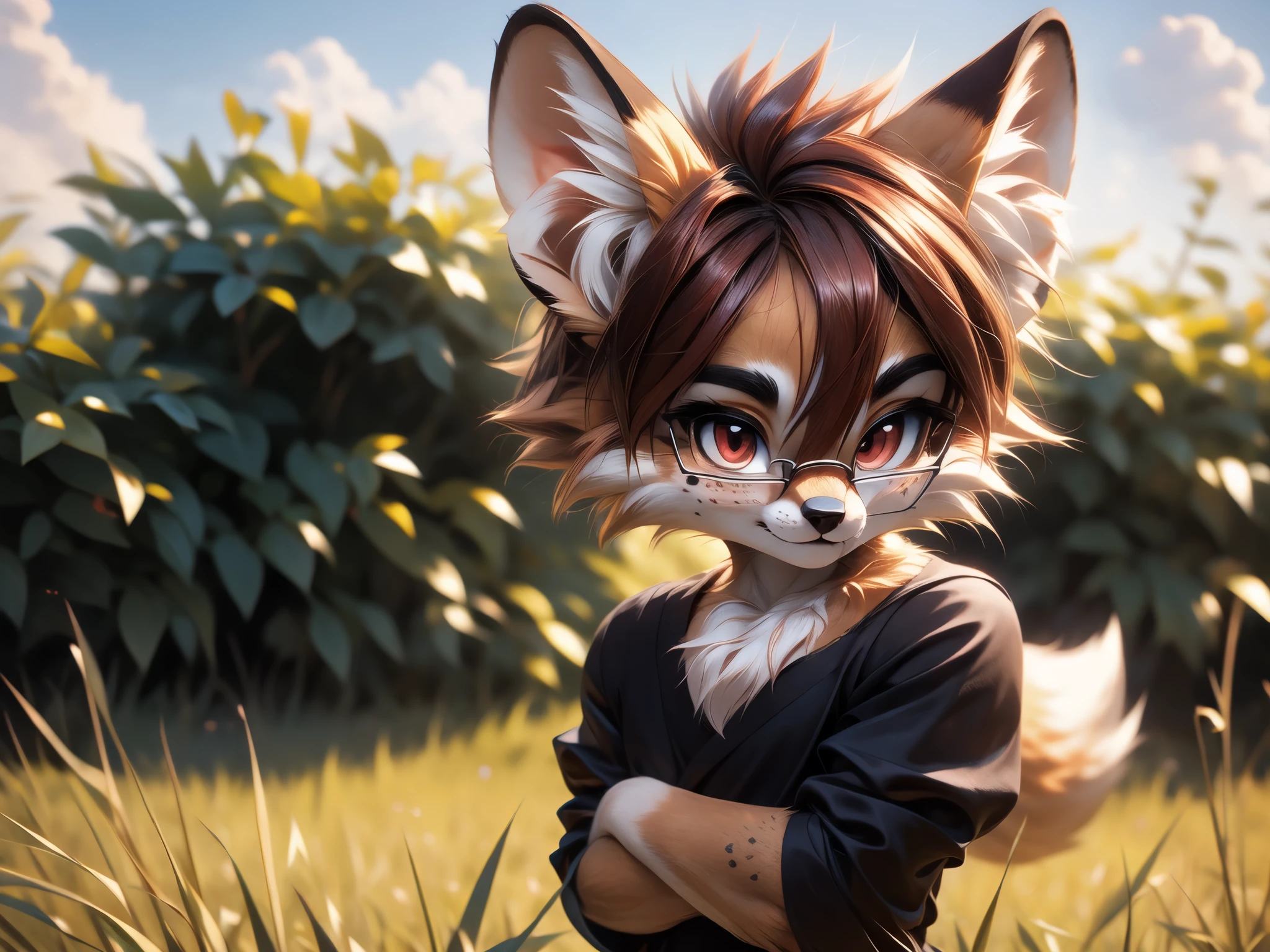 solo,1girl, fur realistic, ultra realistic, fox furry small loli, with short dark red hair, beautiful red eyes, cute freckles, wearing square glasses, very fluffy bushy tail, smug grin, small ears , very young body, flat chest, innocent ,very Young slim, skinny body, feminine girl, thin,innocent ,very skinny body, feminine girl, thin, wearing a modest goth dress with long sleeves, outside on a beautiful grassy field, crossed arms, not happy, looking at viewer with begging eyes, cute puffed cheeks