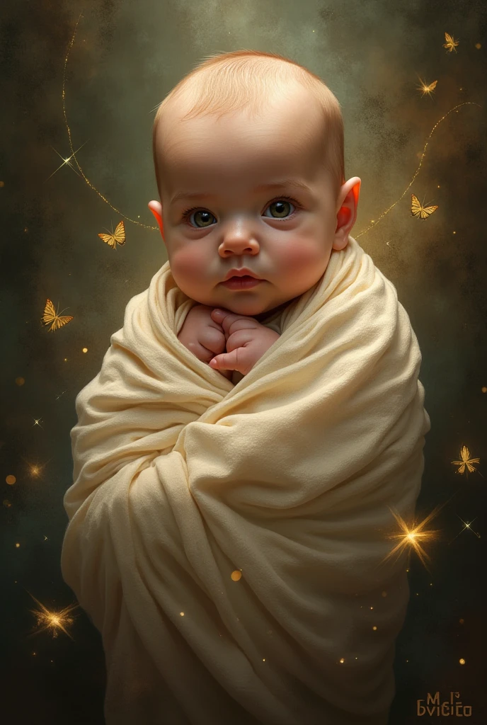Close a powerful threat, The imposing appearance of the powerful baby-shaped Superman dressed in beige uniform in a manger, menacing stare, ricamente detalhado, Hiper realista, 3D-rendering, obra-prima, NVIDIA, RTX, ray-traced, Bokeh, Night sky with a huge and beautiful full moon, estrelas brilhando, 8k,