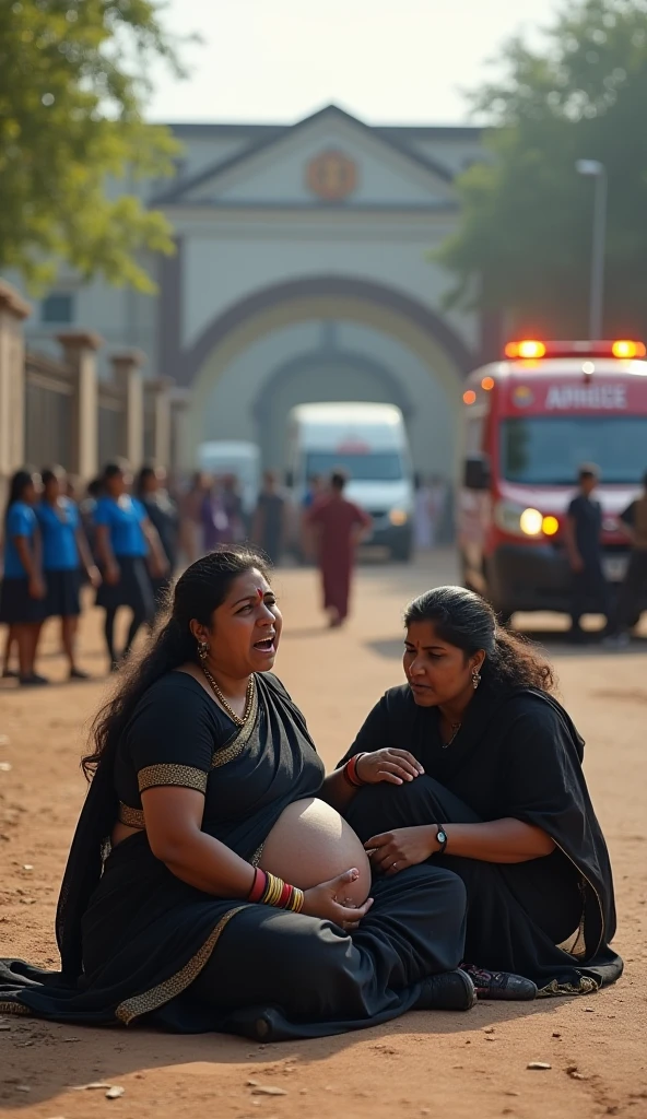 Give me a image of prgnant lady and her sister waiting for ambulance on the road