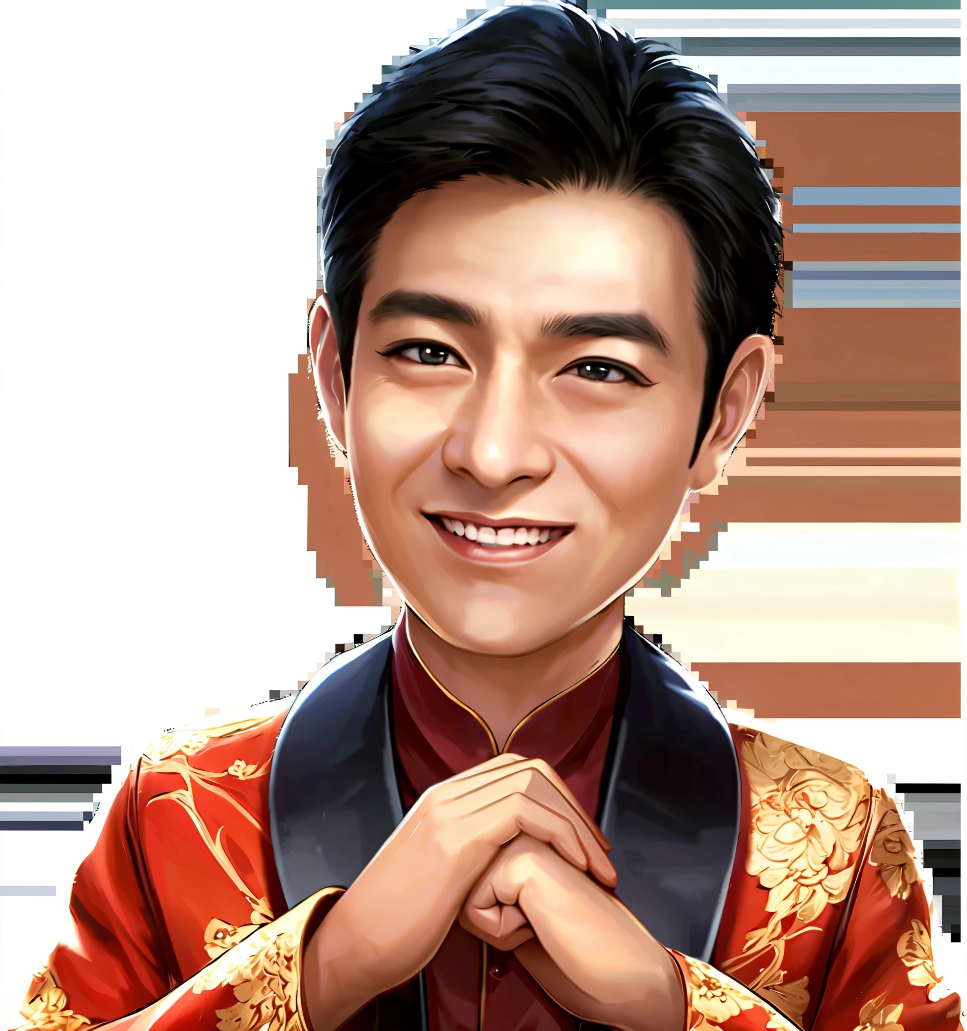 masterpiece, top quality, hand-painted style character , Best Quality, Official Art ,Andy Lau,make a fist,,Red suit,Handsome face,Surprised expression,lol,Happy, has a delicate and handsome face ,电影Actor,Andy Lau明星, Beautiful eyes ,lol容,Handsome face, with extremely detailed eyes and faces, Long eyelashes, masterpiece, high quality , perfect face, 微lol ,Perfect Fingers, Perfect Anatomy , Perfect Arms, Male celebrity,Handsome face, Actor, hand-painted style character ,2.5D, ( Highest Quality ,16K, high resolution , masterpiece:1.2), super detailed,( hand-painted style character , realistic :1.37),HDR, Ultra HD, studio lighting , Super Fine Painting , clearly focused, physically-based rendering , Extreme Detailed Description ,Professional, The bright colors , Dramatic Lighting , Light and Dark Contrast, Mystery,joy,, surrealistic ,fantasy