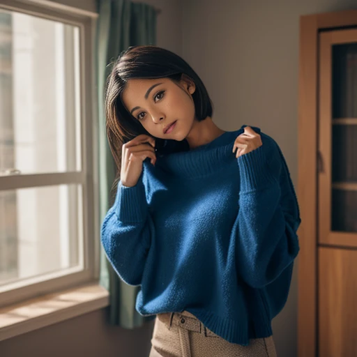 A woman trying to  sweater in a room, #, from outside window, looking at the woman from outside through a window, white high-neck sweater, red lace panties, ((masterpiece)), ((best quality)), (ultra-detailed), ((beautiful eyes)), Japanese female, (slender:1.3), ((30 years old)), beautiful,