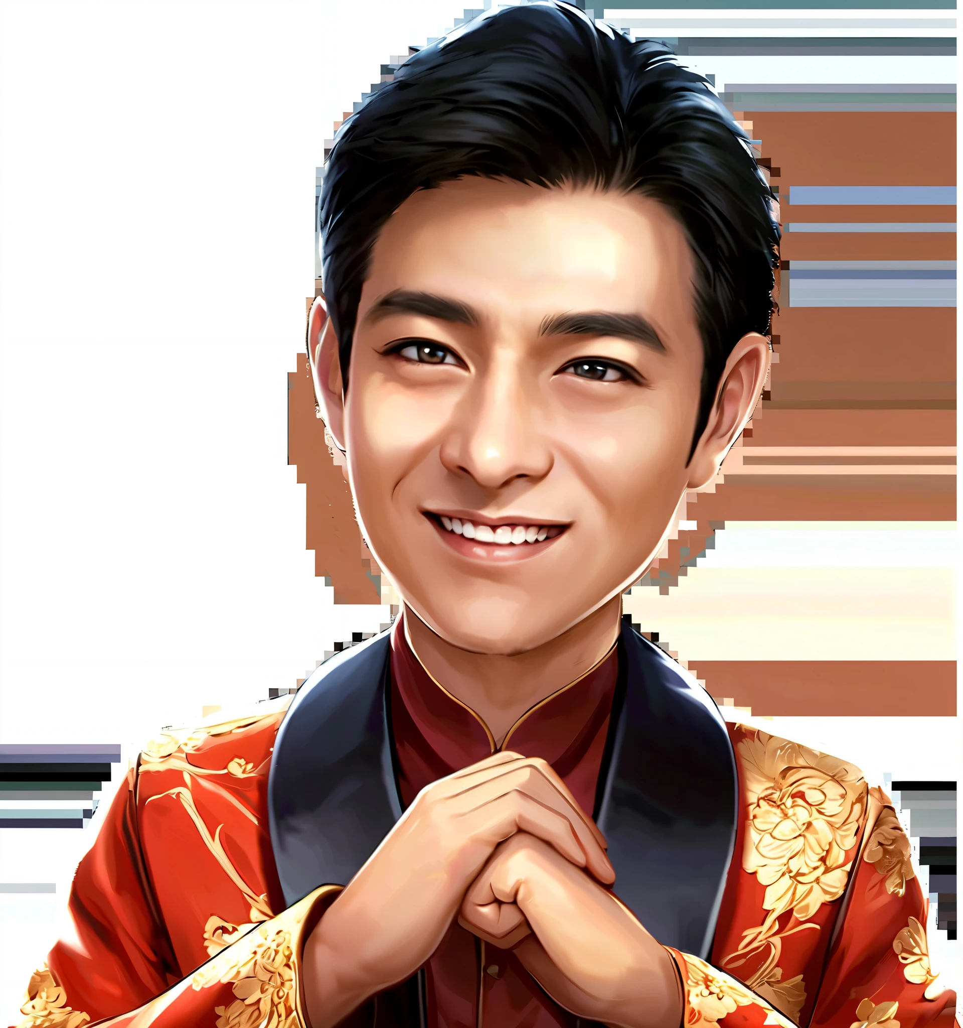 masterpiece, top quality, hand-painted style character , Best Quality, Official Art ,Andy Lau,make a fist,,Red suit,Handsome face,Surprised expression,lol,Happy, has a delicate and handsome face ,电影Actor,Andy Lau明星, Beautiful eyes ,lol容,Handsome face, with extremely detailed eyes and faces, Long eyelashes, masterpiece, high quality , perfect face, 微lol ,Perfect Fingers, Perfect Anatomy , Perfect Arms, Male celebrity,Handsome face, Actor, hand-painted style character ,2.5D, ( Highest Quality ,16K, high resolution , masterpiece:1.2), super detailed,( hand-painted style character , realistic :1.37),HDR, Ultra HD, studio lighting , Super Fine Painting , clearly focused, physically-based rendering , Extreme Detailed Description ,Professional, The bright colors , Dramatic Lighting , Light and Dark Contrast, Mystery,joy,, surrealistic ,fantasy