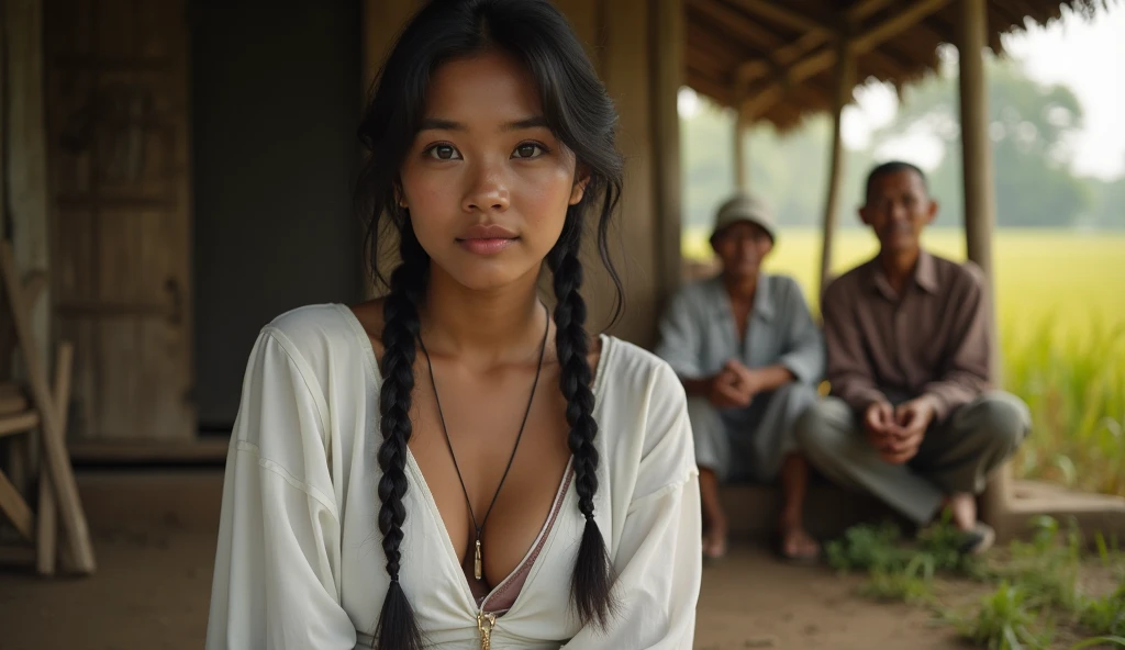 young beautiful Indonesian girl living in village as a farmer, close up, sweaty face and hair, bright sunshine