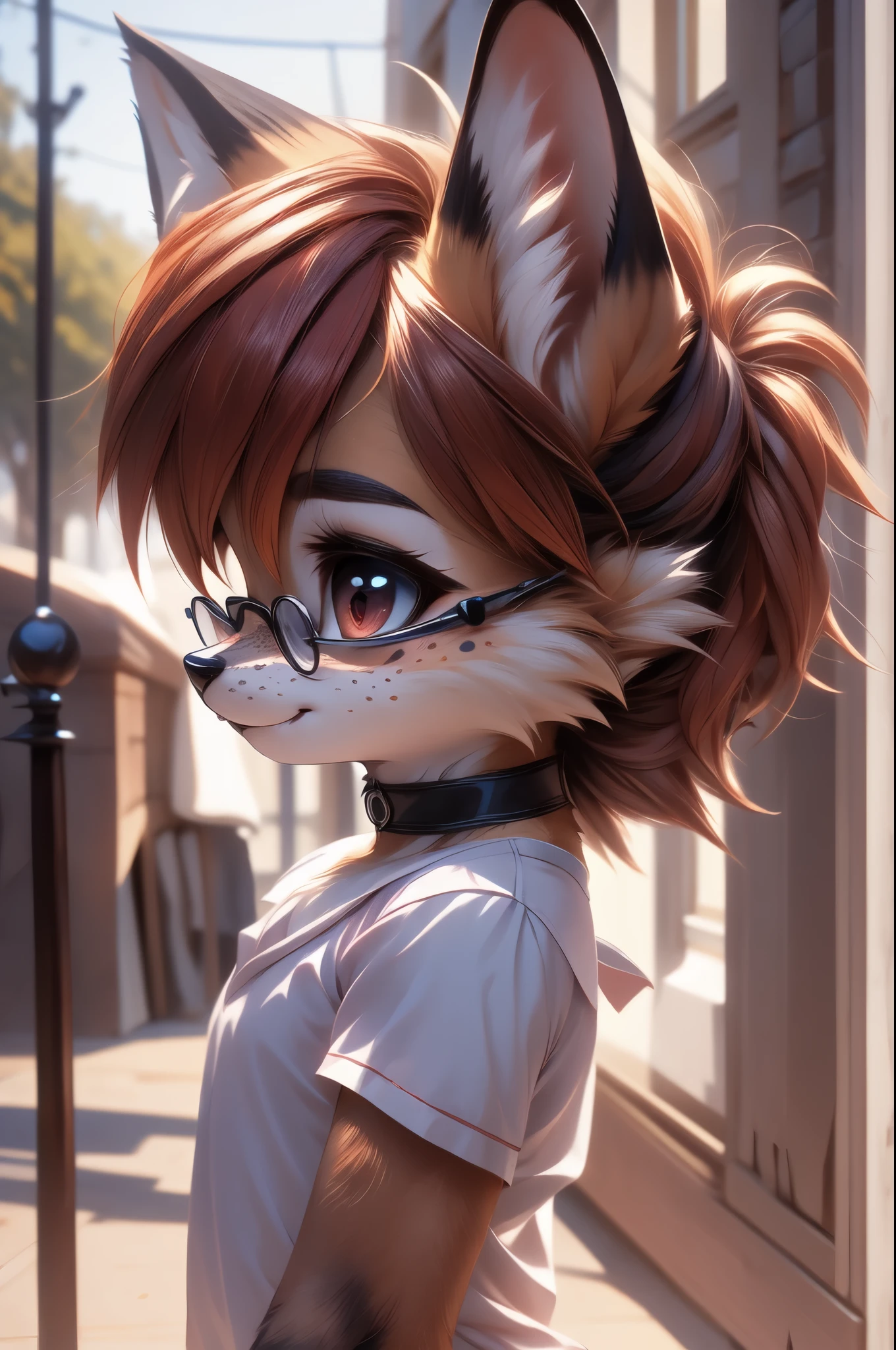 solo,1girl, fur realistic, ultra realistic, fox furry small loli, with short dark red hair, beautiful red eyes, cute freckles, wearing square glasses, very fluffy bushy tail, smug grin, small ears , very young body, flat chest, innocent ,very Young slim, skinny body, feminine girl, thin, choker, shy girl, shy smile hand on her head head as she is thinking hard, thinking hard, glasses, tail, small, young, big eyes, innocent , pure feminine girl, wearing a high-school uniform,, leaning over, walking in the streets, being adorable,longing for hugs wanting to be loved, eagerly awaiting kisses , side perspective