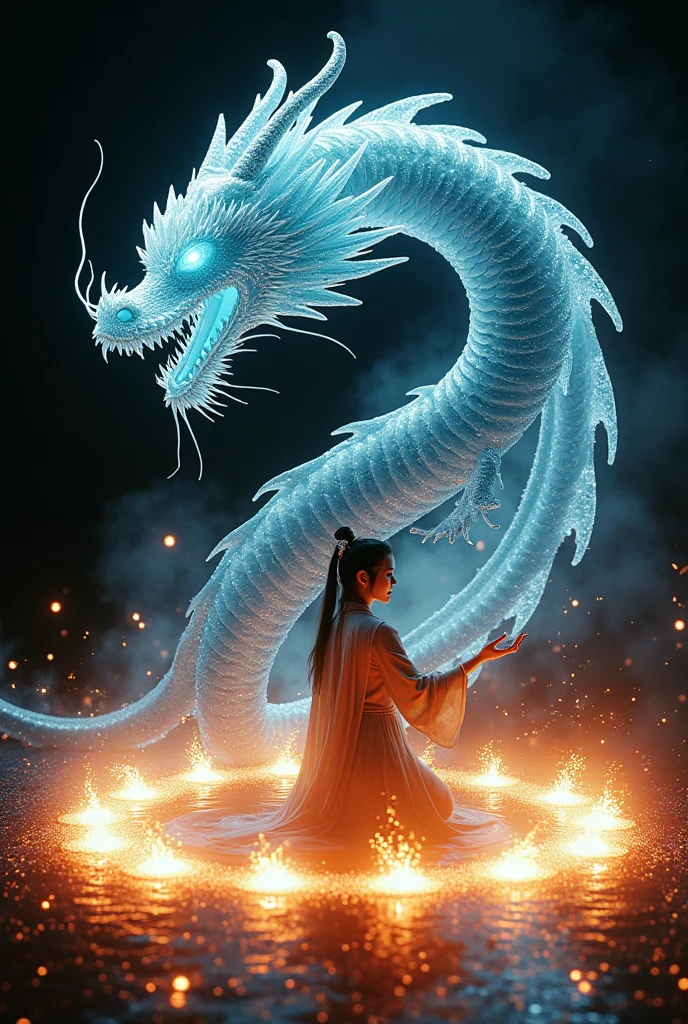 (harmony, balance, yin and yang), Chinese silk painting, Tai Chi principles, fluid movement, interrelated elements, interplay of contrasting forces, Taoist philosophy, touches of the I Ching, warm and cool tones, art of reflection, inspiration by Laozi, Zhuangzi, Yin-Yang Diagram, Tai Chi Diagram, Bagua Diagram, Unity of Spirit and Body, 1 attractive boy, 1 girl, ultra realistic face, highly detailed eyes, Solo, Taoism, Summoning Magic, Movie Lighting, Fire and Ice Split, Bagua Background, Circle Bagua, Yiyang, Taoist Practice, Meditation Sitting, Buddha Sitting, Spiral Dragon, Top Cloud Dragon,