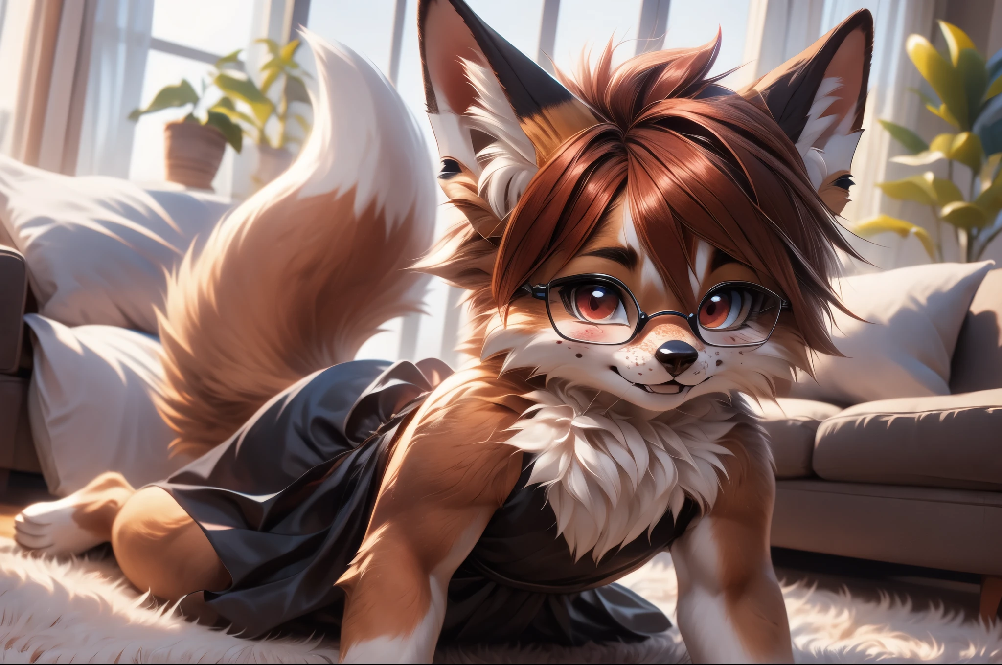 solo,1girl, fur realistic, ultra realistic, fox furry small loli, with short dark red hair, beautiful red eyes, cute freckles, wearing square glasses, very fluffy bushy tail, smug grin, small ears , very young body, flat chest, innocent ,very Young slim, skinny body, feminine girl, slim hips ,wearing long dress, bent forward, wanting headpats, wagging her tail , looking adorable, blushing, been a good girl, posing cutely, in living room