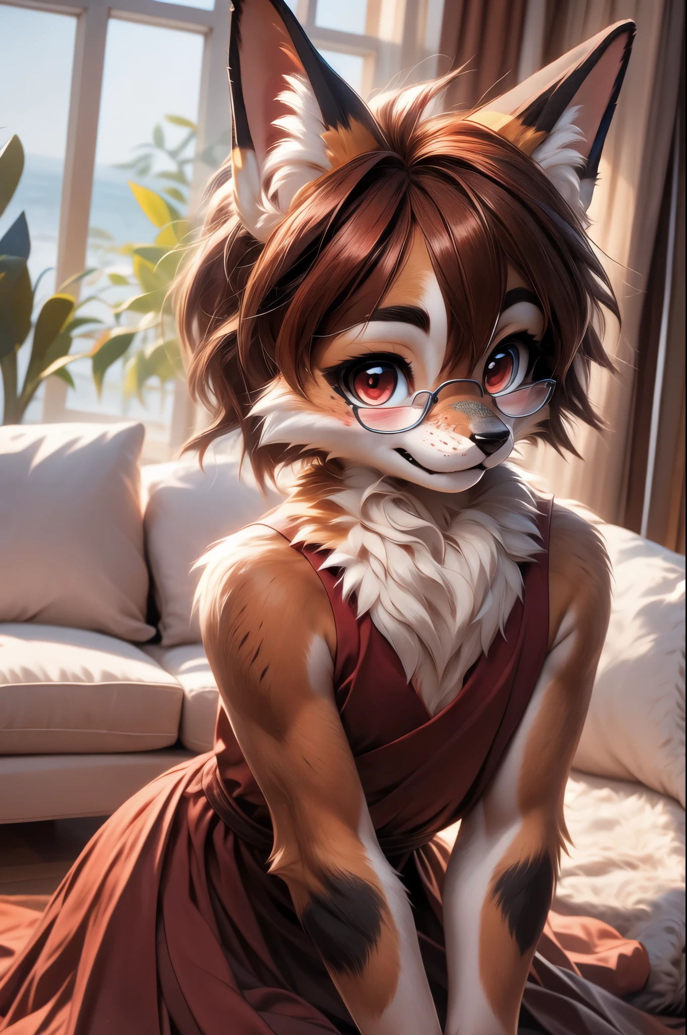 solo,1girl, fur realistic, ultra realistic, fox furry small loli, with short dark red hair, beautiful red eyes, cute freckles, wearing square glasses, very fluffy bushy tail, smug grin, small ears , very young body, flat chest, innocent ,very Young slim, skinny body, feminine girl, slim hips ,wearing long dress, bent forward, wanting headpats, wagging her tail , looking adorable, blushing, been a good girl, posing cutely, in living room
