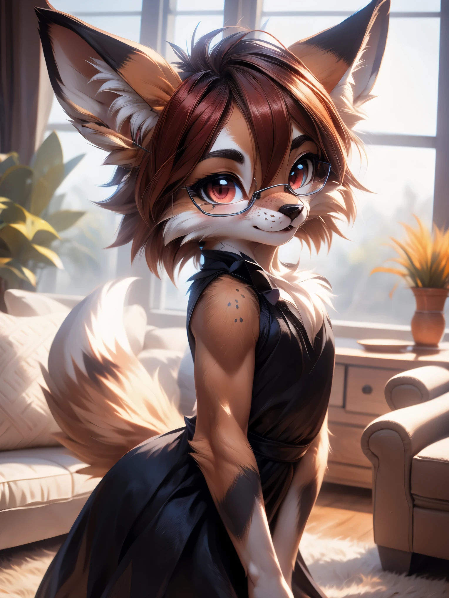 solo,1girl, fur realistic, ultra realistic, fox furry small loli, with short dark red hair, beautiful red eyes, cute freckles, wearing square glasses, very fluffy bushy tail, small ears , very young body, flat chest, innocent ,very Young slim, skinny body, feminine girl, slim hips ,wearing a beautiful long dress, leaning slightly forward, wanting headpats, wagging her tail , looking adorable, blushing, been a good girl, posing cutely, in living room, high expectations from viewer
