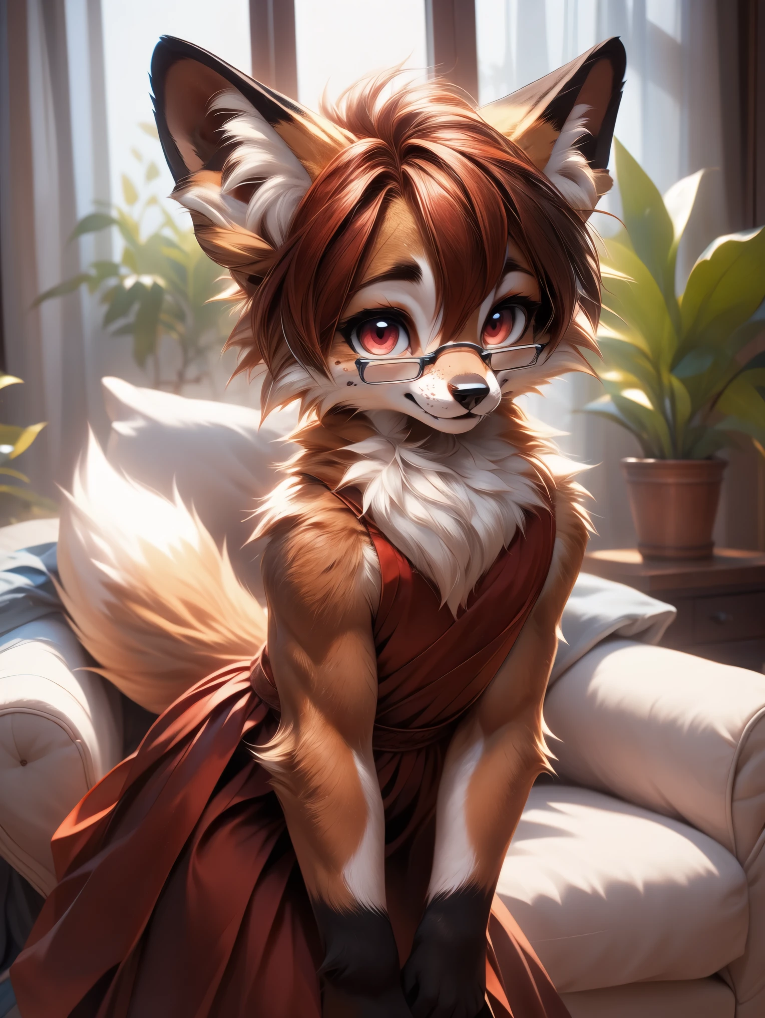solo,1girl, fur realistic, ultra realistic, fox furry small loli, with short dark red hair, beautiful red eyes, cute freckles, wearing square glasses, very fluffy bushy tail, small ears , very young body, flat chest, innocent ,very Young slim, skinny body, feminine girl, slim hips ,wearing a beautiful long dress, leaning slightly forward, wanting headpats, wagging her tail , looking adorable, blushing, been a good girl, posing cutely, in living room, high expectations from viewer 
