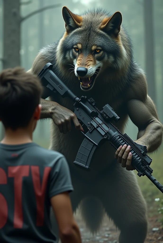 Wolf biting the teacher ( hairy man ) and the student (Child boy)come help with a gun