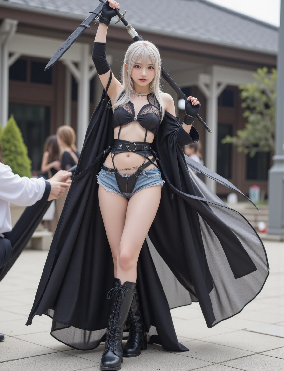 VladilenaLora, long hair, grey eyes, grey hair, sword, ((view from below:1.2))