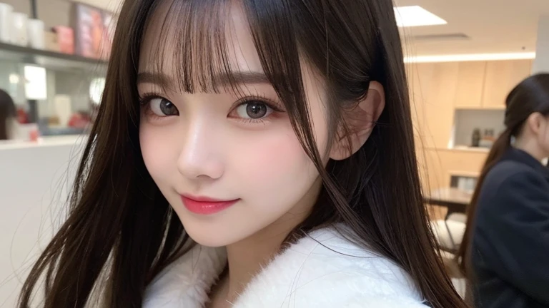 table top, highest quality, shape, Super detailed, finely, High resolution, 8k wallpaper, 完璧なダイナミックな構shape, beautiful and detailed eyes, Gorgeous black fluffy Tokyo winter clothes,ランダムなcute髪,,natural color lip, bold sexy pose,smile、20 year old girl、cute、sexy shot looking at camera,Always blur the background,perfect and beautiful face,Take only the face,beautiful and detailed face、slim face and style,Big eyes、do gal makeup,small face,Wearing a luxury brand mink coat