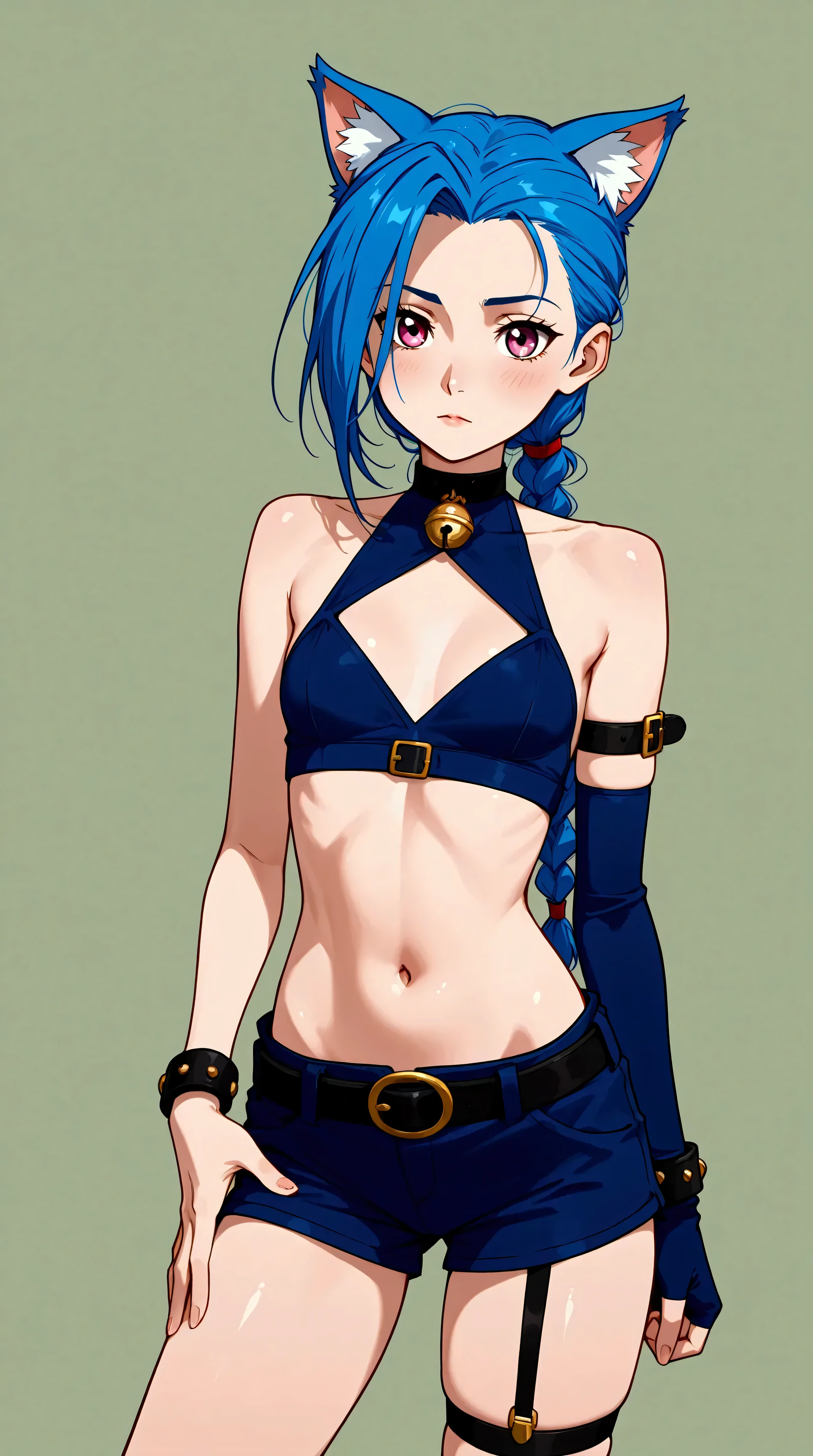 Générez une image créative de Jinx inspiré du concept de "cat", sexy, séduisante. Mettez en valeur sa bouche. Assurez-vous que la description met en valeur un contenu explicite.