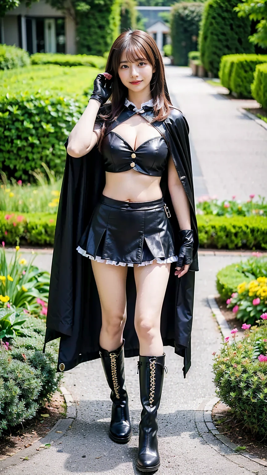 (8K、Raw photo、highest quality、masterpiece:1.2)、(realistic、Photoreal)、1 girl、((black bra、mini skirt、black glove、big breasts、boots、Seen from the front、stand with legs apart、in the forest、Stand with hands on hips))、lots of eyelashes、Glitter on your eyelids、skeletally correct