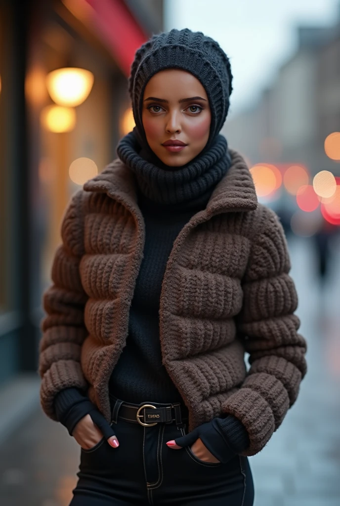 draw someone with short hair that ends in spiky, black hair with white tips, slightly brown skin, black eyes, Her clothes are a cream-colored sweater made of wool., with long sleeves that reach to the knuckles, with a kind of , a dark blue skirt. Gray knee-high stockings, black boots, and a blue scarf, under the scarf a camera hanging from his neck, along with a small backpack and a star accessory on the right part of her hair, with cat tail and ears, Sleeve style