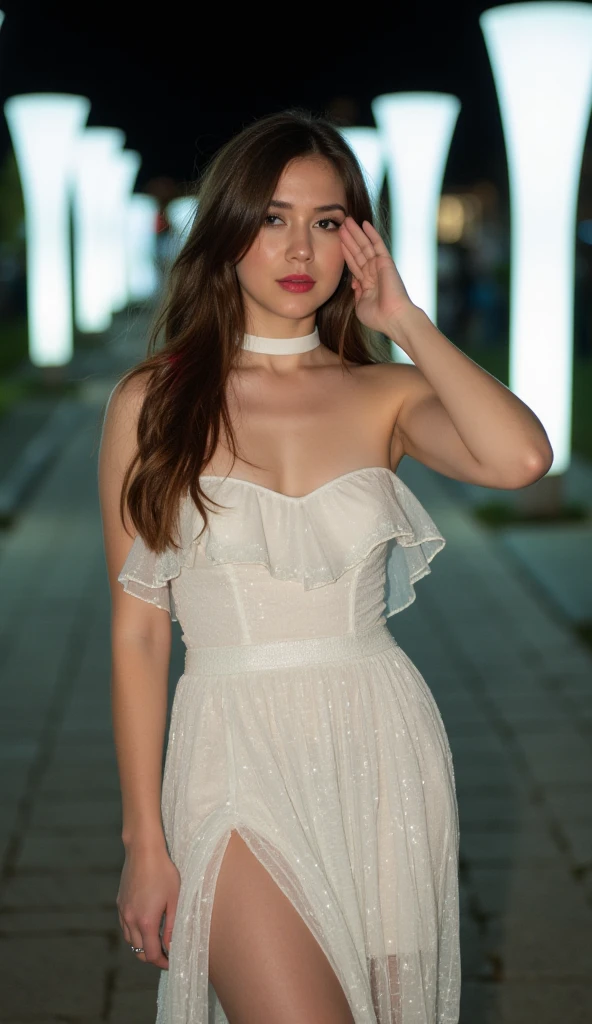(selfie shot, from above:1.4), (half body postrait:1.4), RAW uhd portrait photo of a 18-year-old blonde (blue-eyed woman) walking down a dark alleyway, natural breasts_b, nighttime city background, ((red sundress): 1.5), (cleavage), detailed (textures!, hair!, shine, color!!, imperfections:1.1), highly detailed glossy eyes, (looking at the camera), specular lighting, dslr, ultra quality, sharp focus, tack sharp, dof, film grain, (centered), Fujifilm XT3, crystal clear, center of frame, cute face, sharp focus, street lamp, neon lights, bokeh, (dimly lit), low key, at night, (night sky) detailed skin pores, oiled skin, tan, intricate eye detail