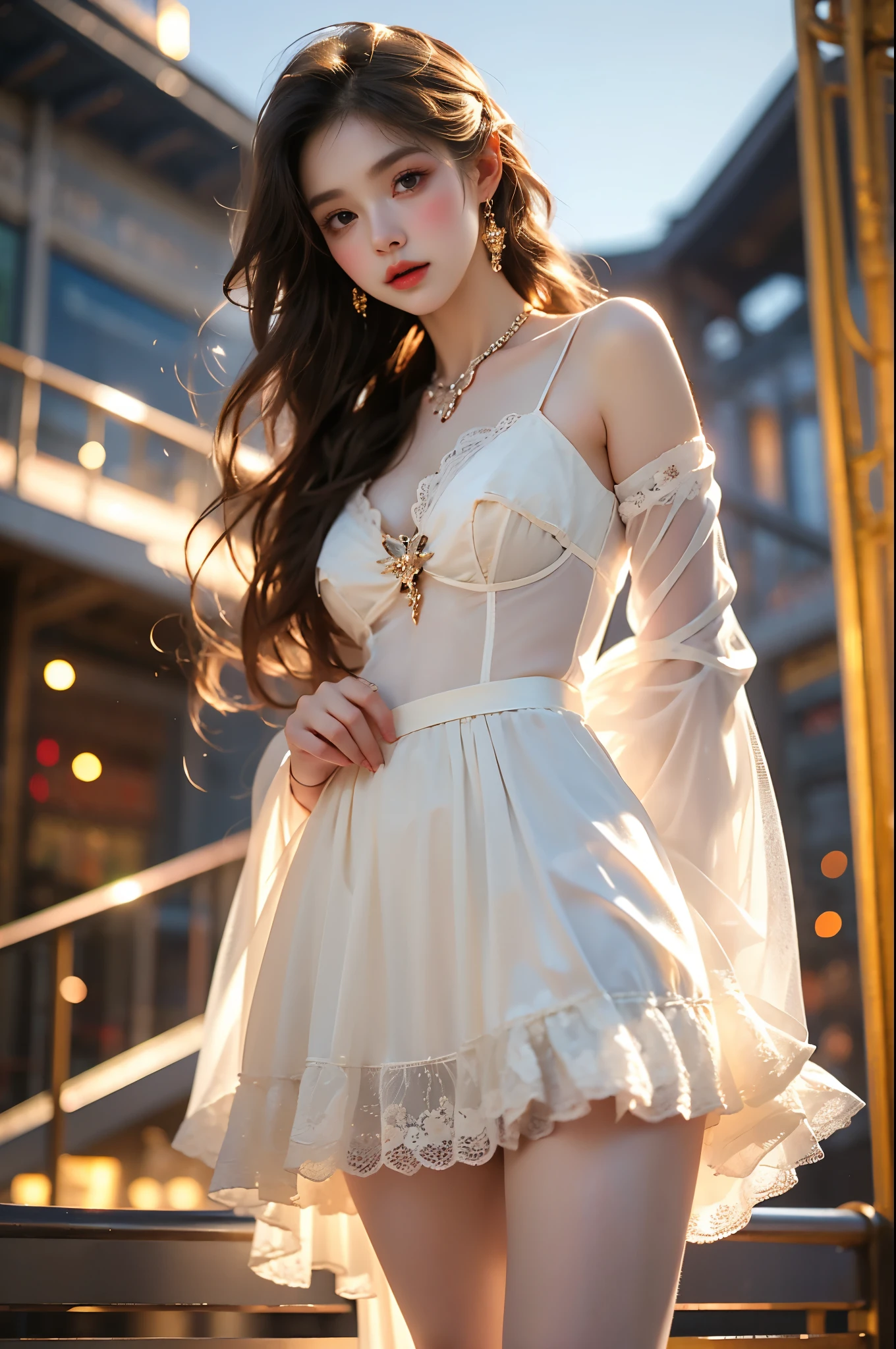 8k, RAW Photos, Realistic, (Detailed skin, highest quality:1.2), Seductive Succubus, (Black wings), With black angel wings、Japanese teenage girl flying high in the evening sky, ((Black evening dress, Black lace dress, Long dress)), (((Flat Chest:1.4))), (Light blonde hair, Straight long hair, Blunt bangs), (Beautiful face, Pale skin), A translucent black cloth is wrapped around the body., Thighs, Sunset sky high, Sunset Light