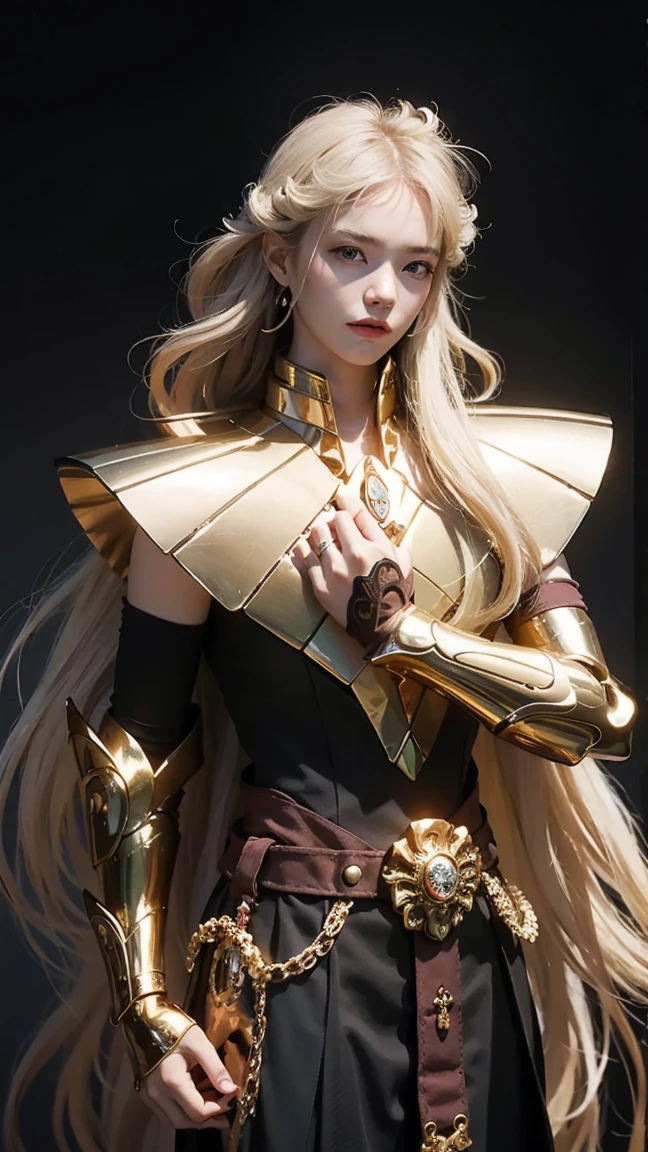 Golden armor, long blonde hair, golden pupils, golden light background, golden transparent wings, smiling, golden eyes, flashing notes around, maiden, golden qi waves
